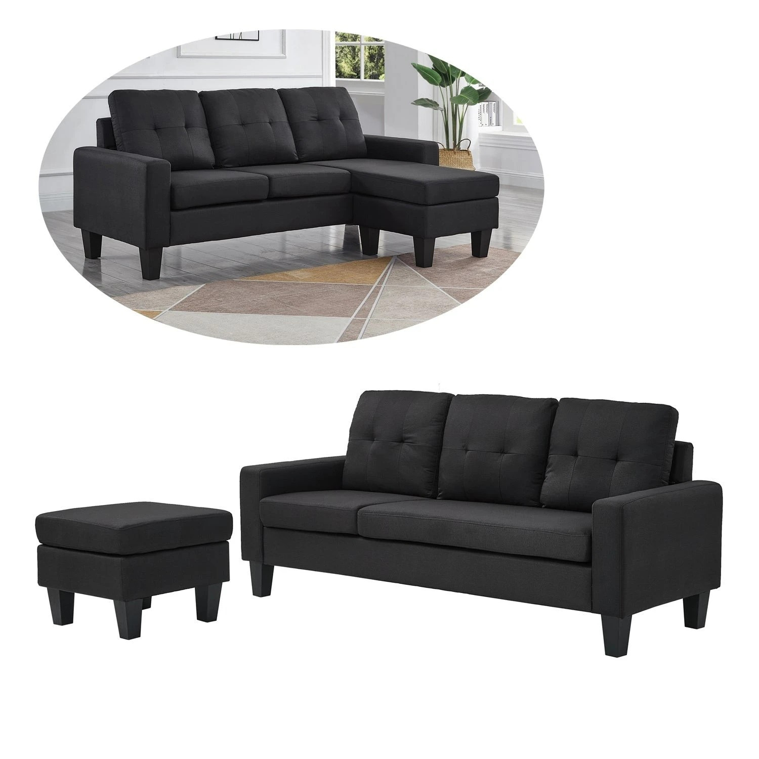 9 Foret 3 Seater Sofa Modular Corner Lounge Couch Modern Ottoman Fabric Black, 9 of 9