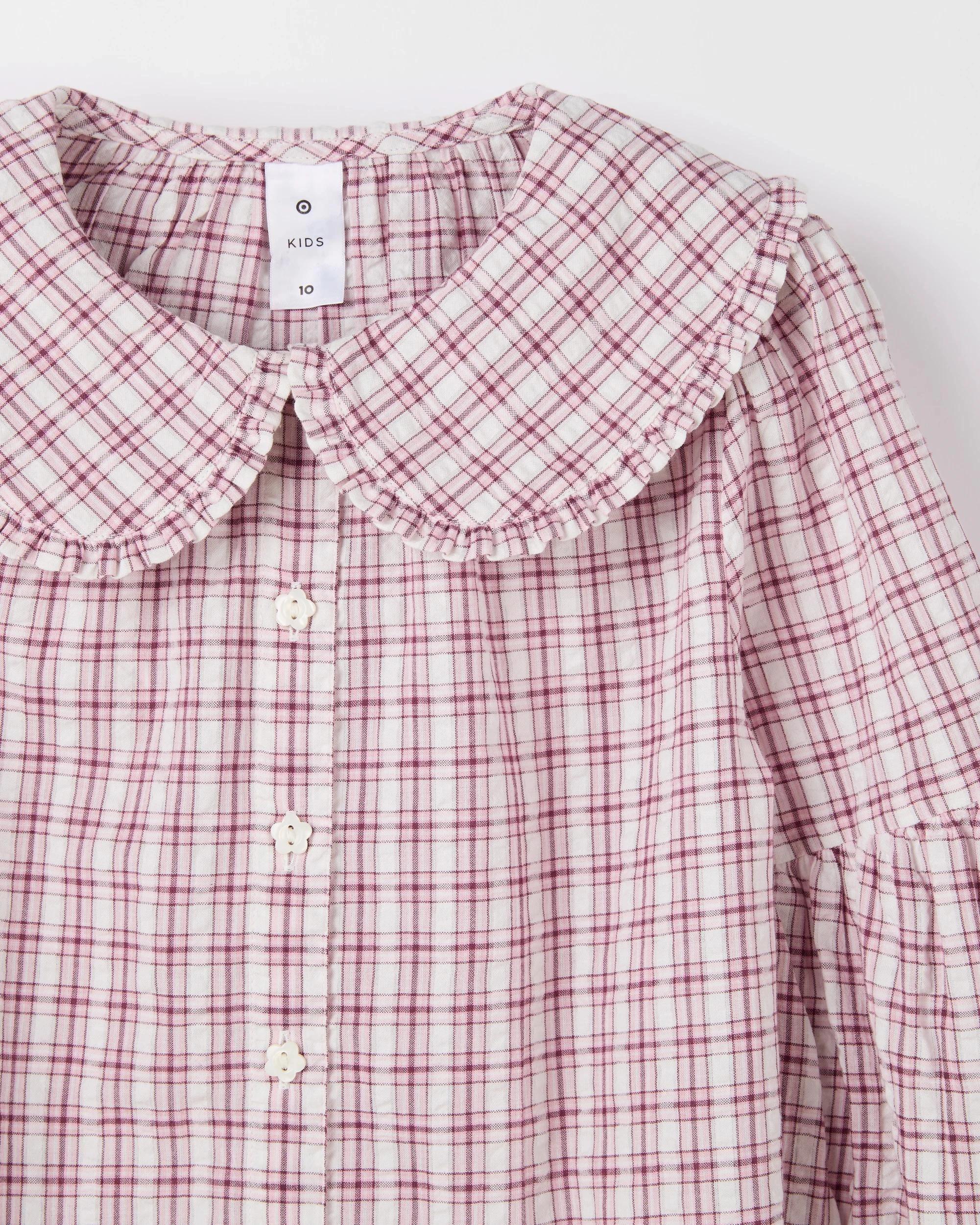 2 Target Kids Long Sleeve Frill Collar Blouse BROWN CHECK, 2 of 4