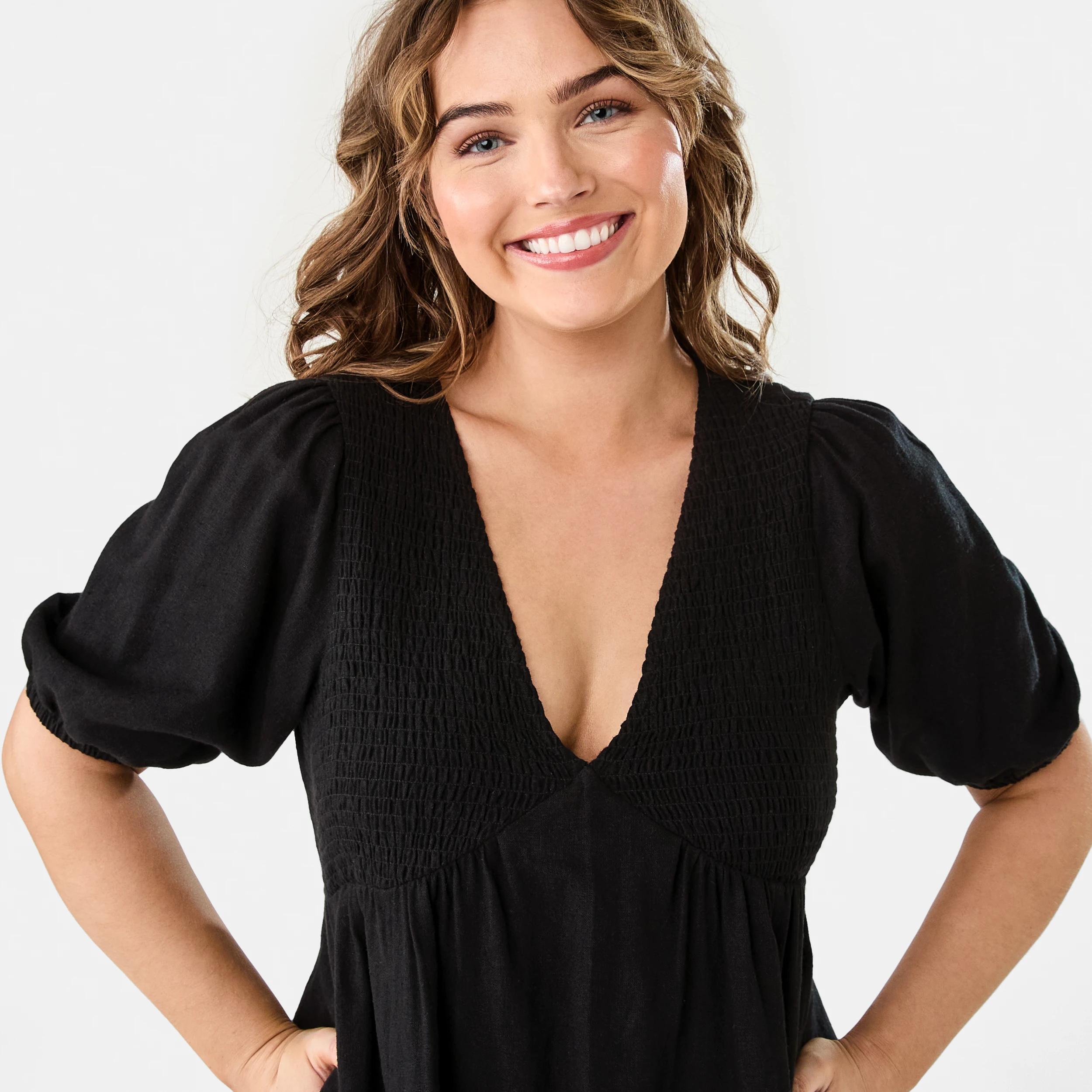 5 Short Sleeve Shirred V-Neck Mini Dress BLACK, 5 of 9