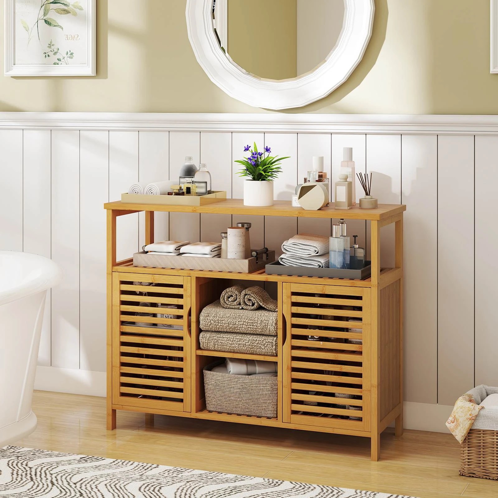 2 Costway Bamboo Bathroom Cabinet 2-Door Storage Organizer Freestanding Storage Unit, 2 of 4