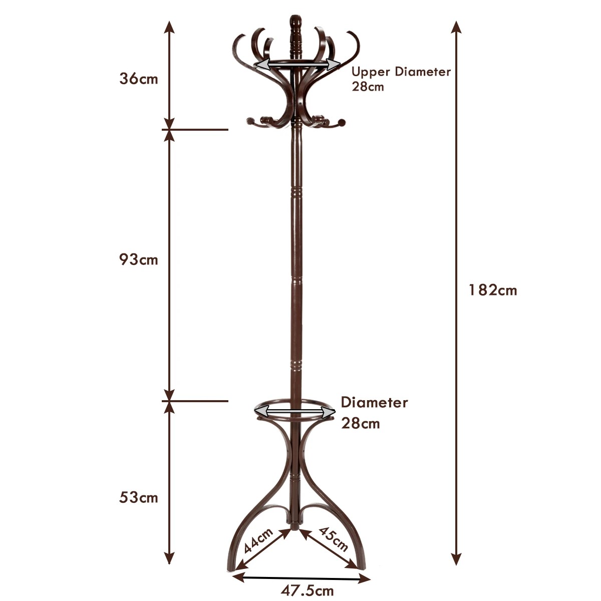 5 Costway Wood Coat Rack Hat Stand Clothes Hanger w/Umbrellar Holder & 12 Hooks 1.8M, 5 of 8