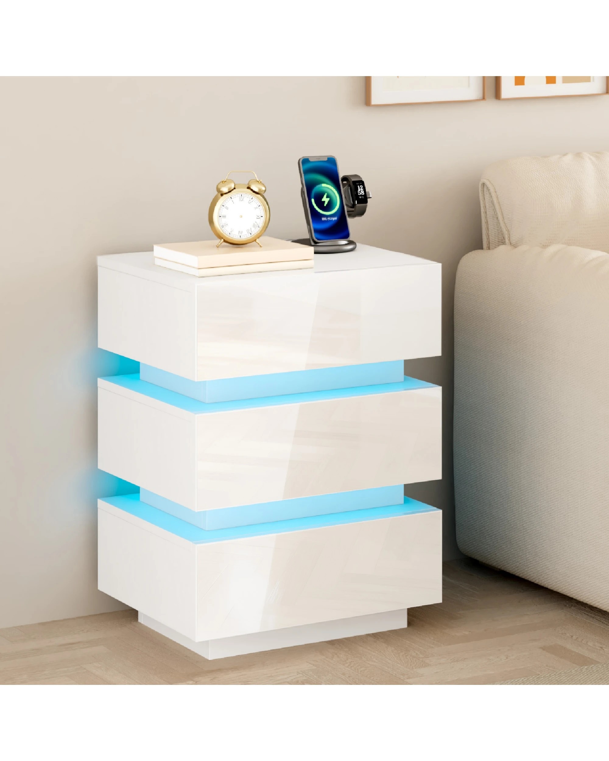 5 Advwin Bedside Table 3 Drawers With with Charging Station & LED Light - White, 5 of 7