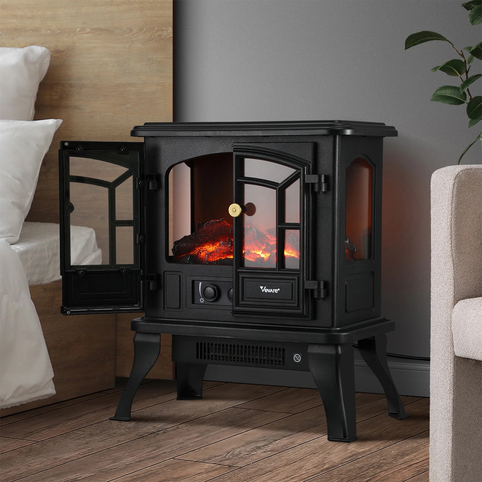 3 Vevare Electric Fireplace Heater Freestanding 3D Flame Effect Indoor 2000W - Black, 3 of 9
