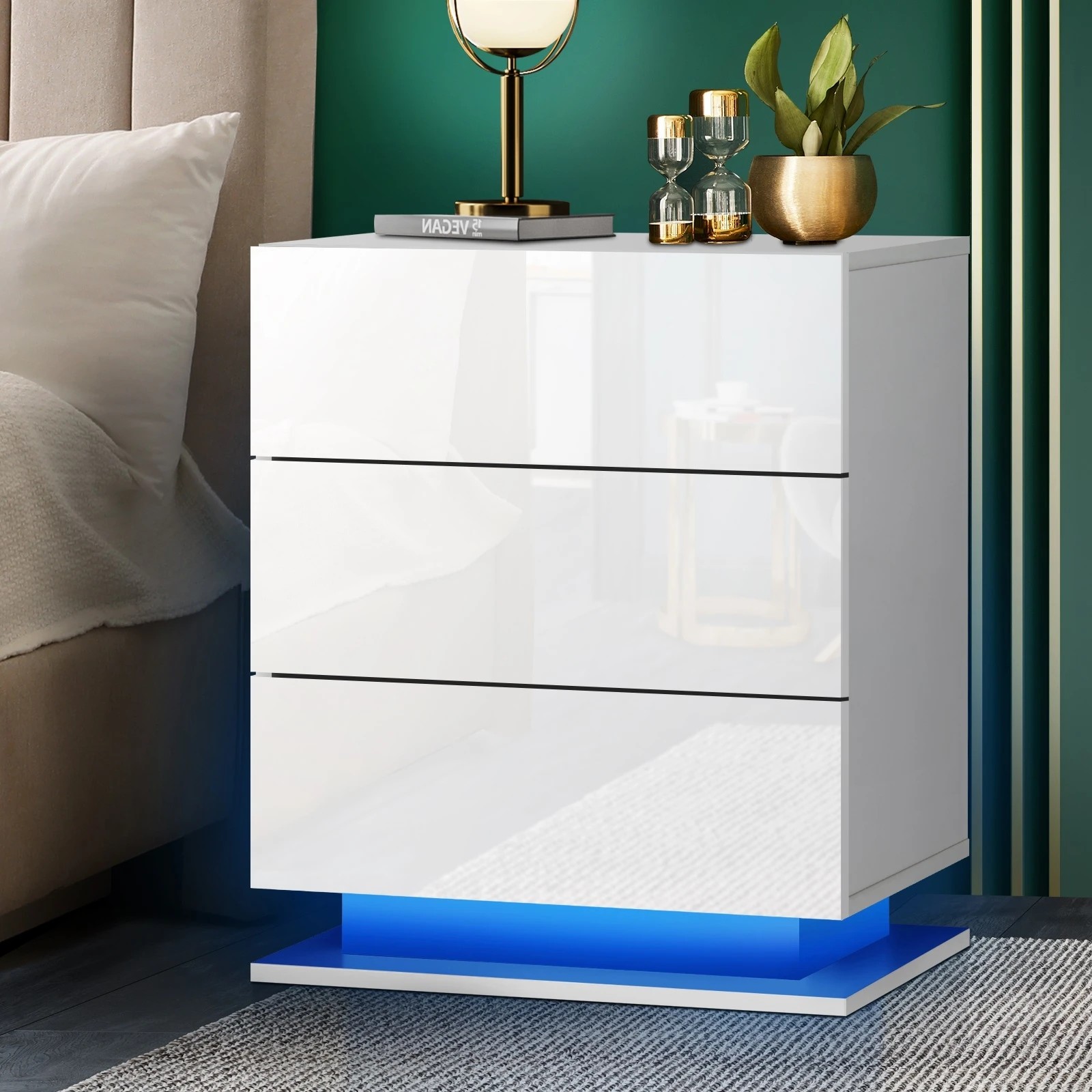 5 Oikiture Bedside Tables Set of 2 LED Side Table Nightstand Cabinet 3 Drawers - White, 5 of 5