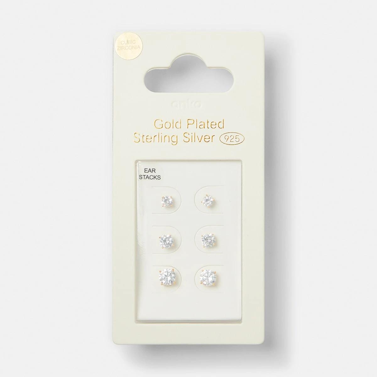 5 3 Pack Gold Plated Sterling Silver Diamante Stud Earrings Gold, 5 of 5