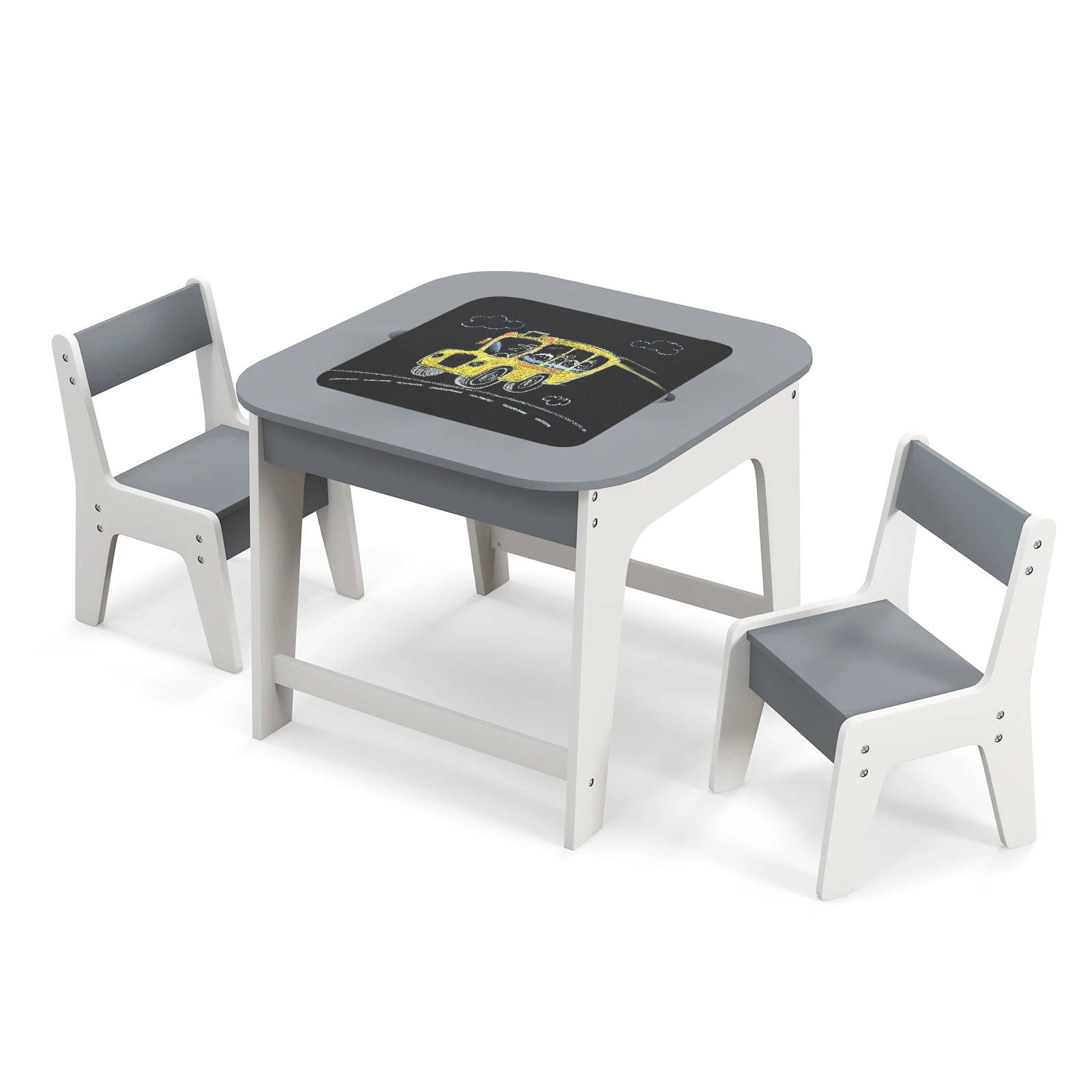 1 Costway Double-Sided Kids Drawing Table & Chairs Set - Grey, 1 of 6