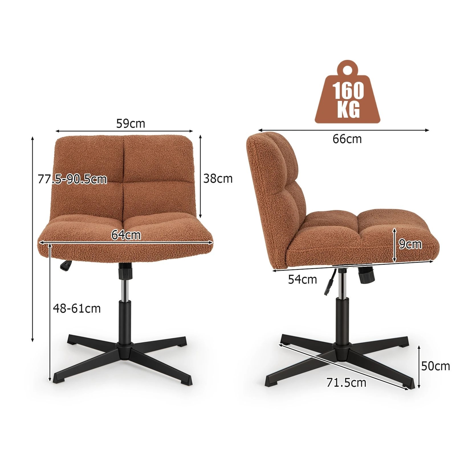 4 Costway Armless Office Desk Chair Modern Swivel Vanity Chair w/Imitation Lamb Fleece - Brown, 4 of 4