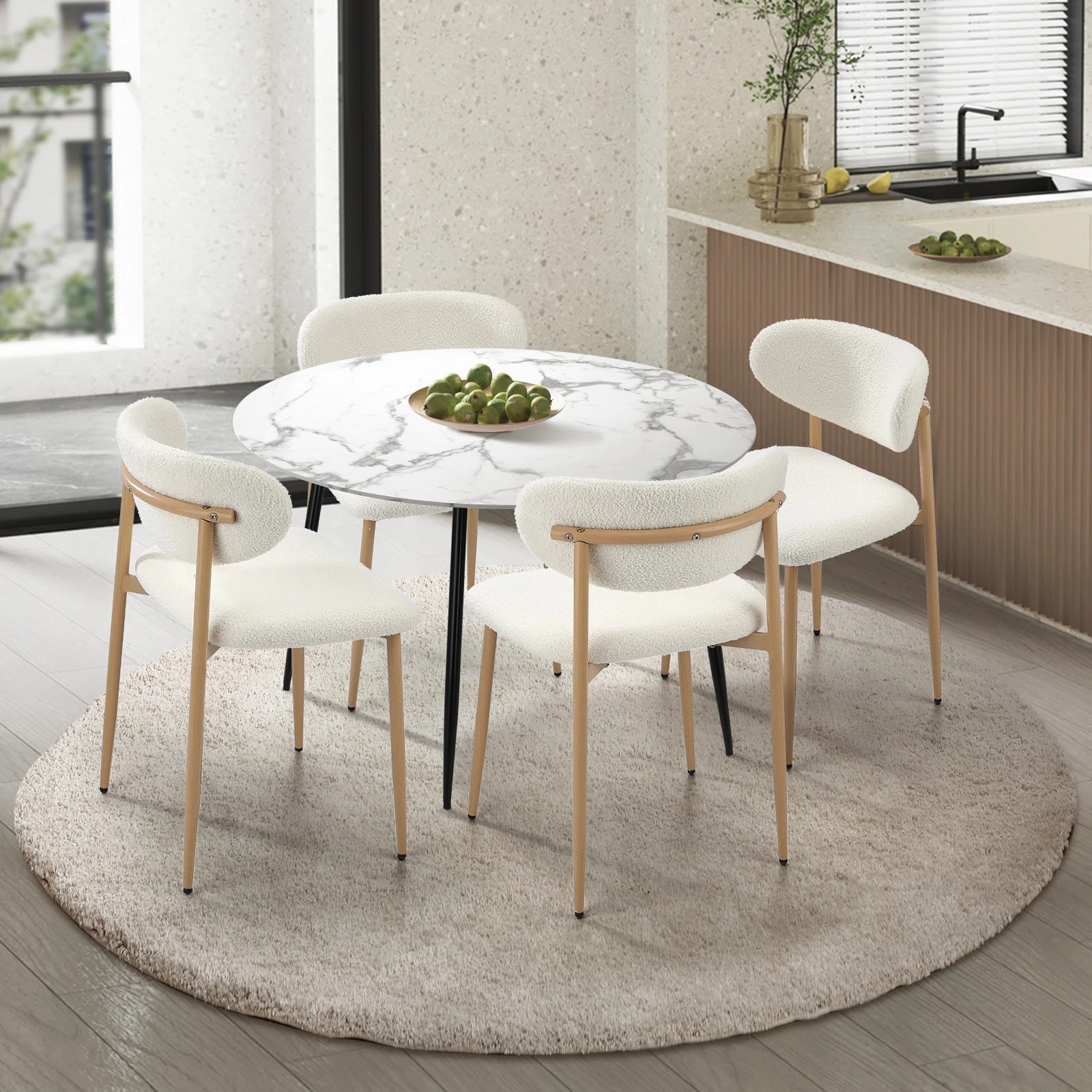 3 Oikiture 110cm Round Dining Table with 4x Dining Chairs Boucle - Multi, 3 of 9
