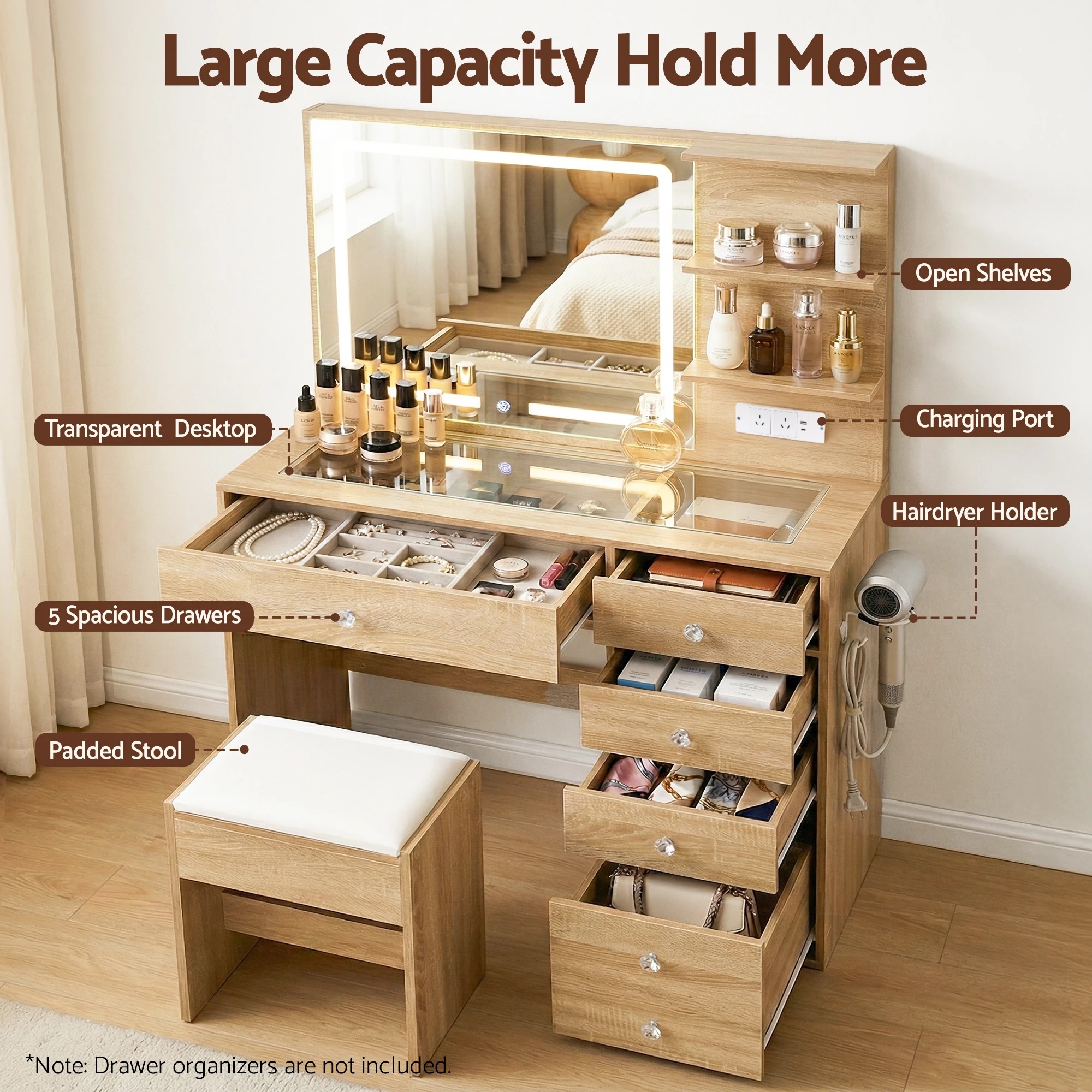 6 Artiss Dressing Table LED Vanity Desk Set Stool  Wood - Natural, 6 of 9