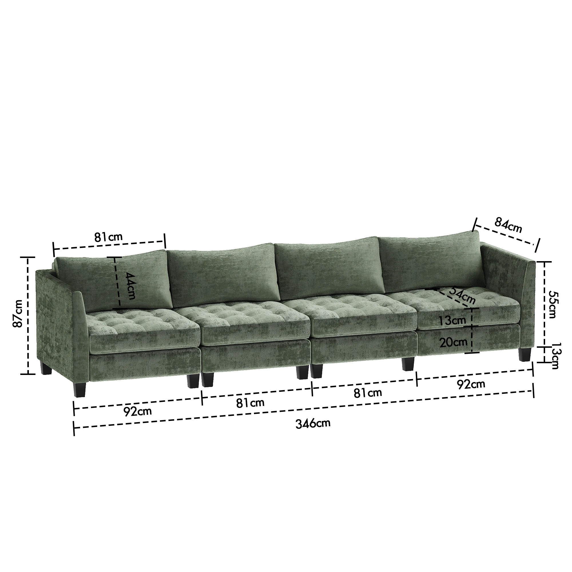 3 Advwin 4 Seater Sofa 346cm Chenille Fabric Modern Sectional Couch Green, 3 of 3