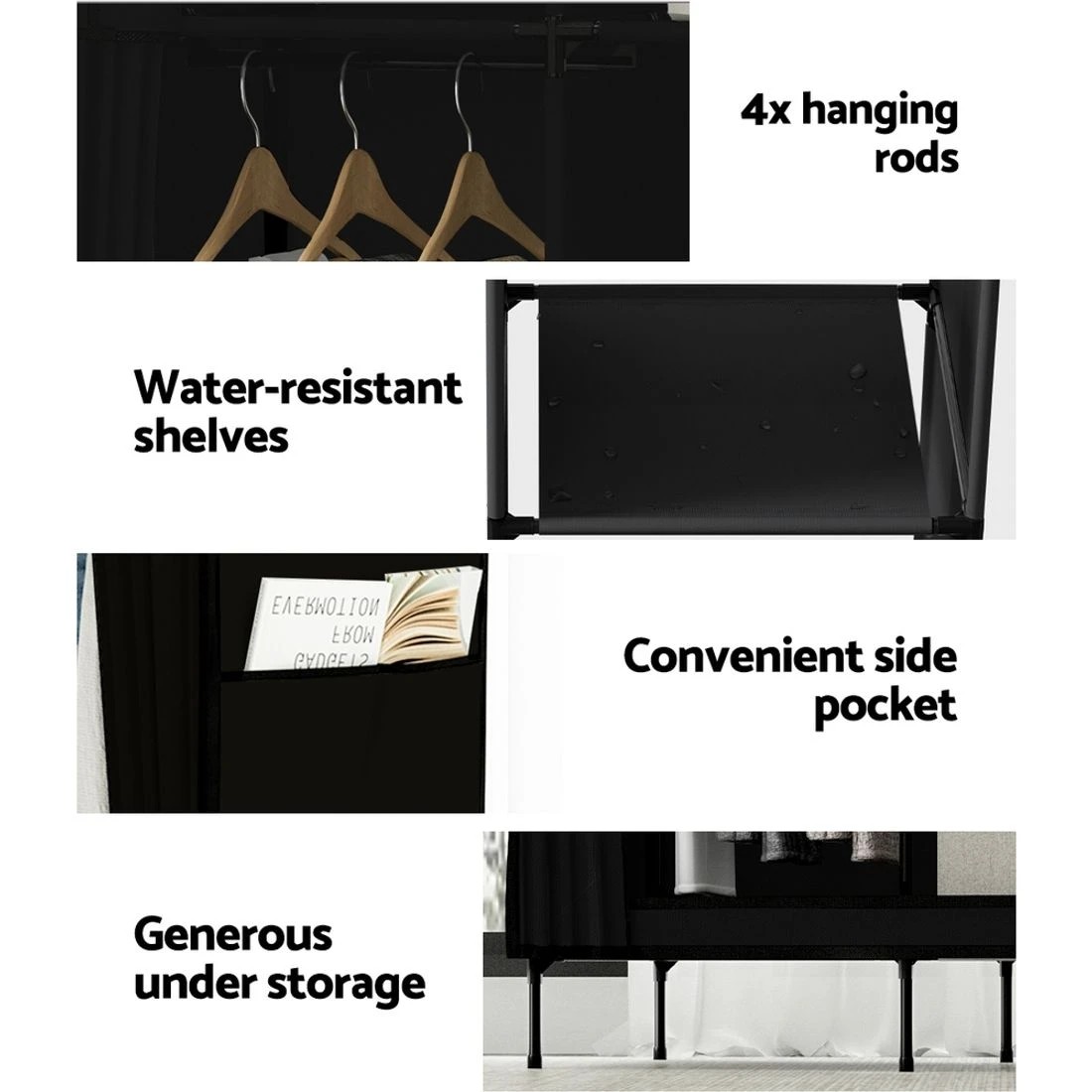 7 Artiss Portable Clothes Closet Large Wardrobe With Shelf Hanging Storage Dustproof Space Saving Easy Assembly - Black, 7 of 8