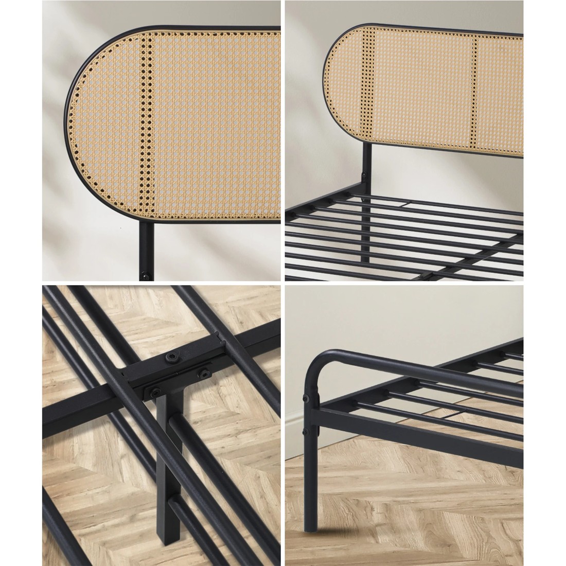 4 Oikiture Bed Frame King Single Metal Base Platform With Rattan Headboard
 - Black, 4 of 9