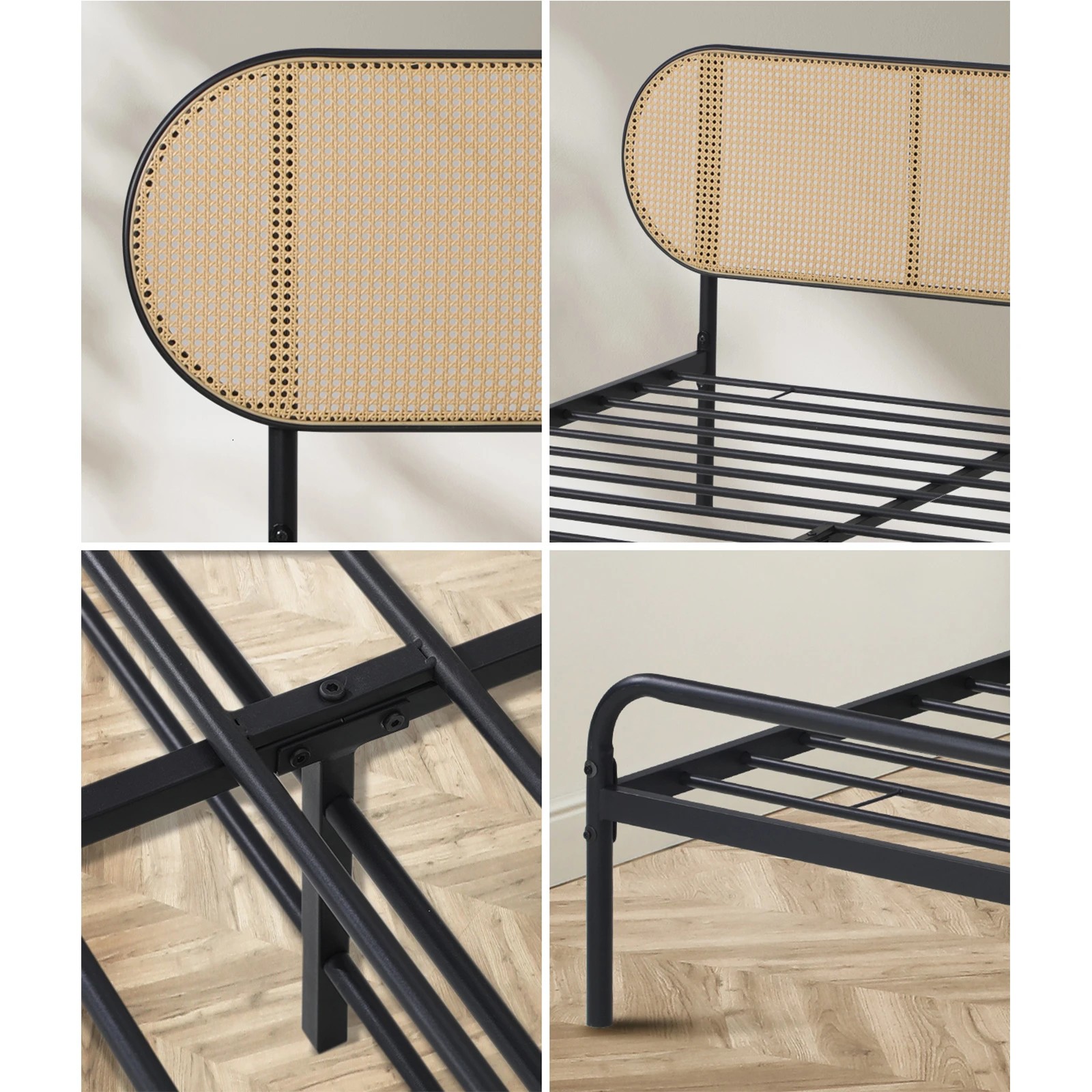 4 Oikiture Bed Frame King Single Metal Base Platform With Rattan Headboard
 - Black, 4 of 9