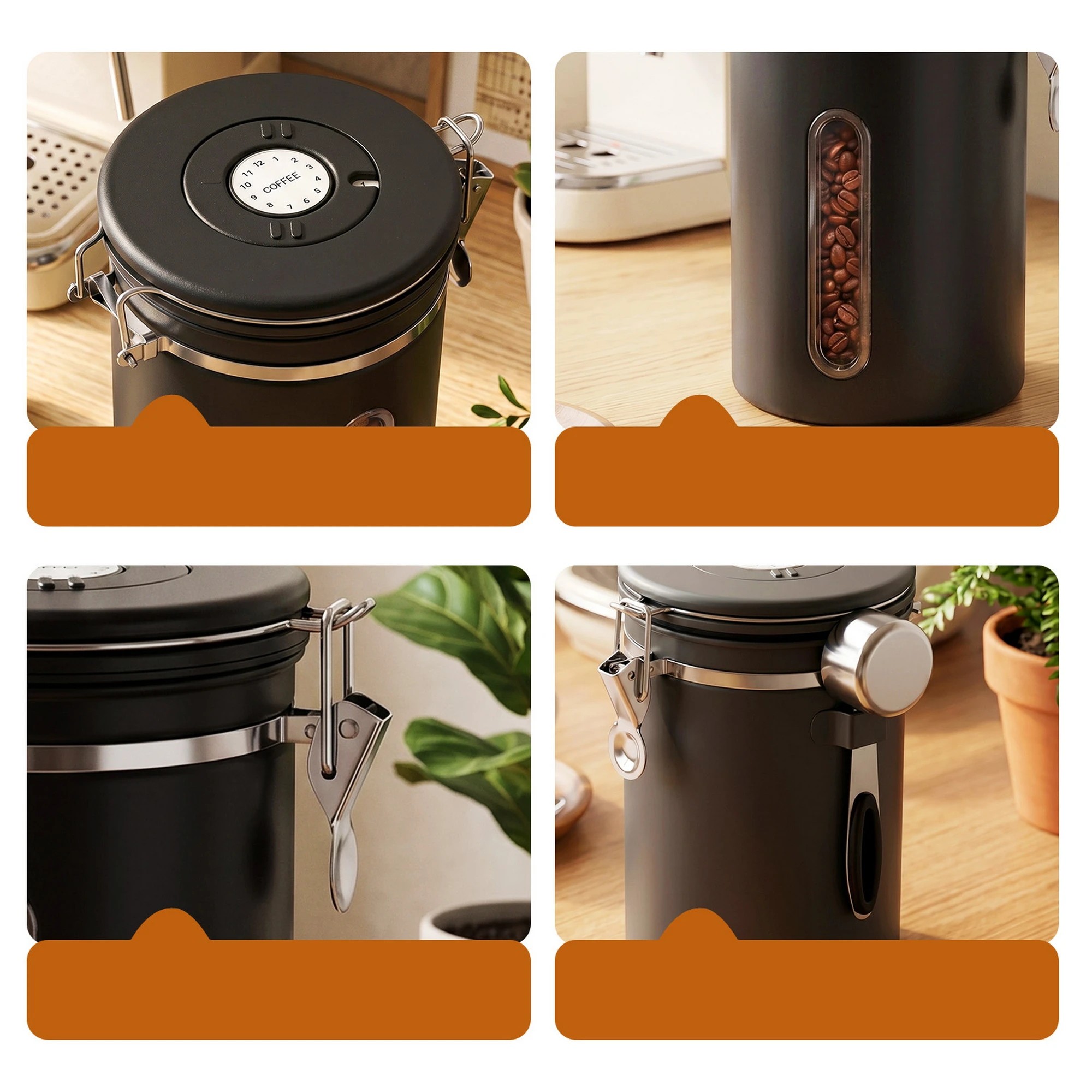 7 5-Star Chef 1.8L Stainless Steel Coffee Bean Storage Container Coffee Canister with Window & Scoop Coffee Jar - Black, 7 of 9