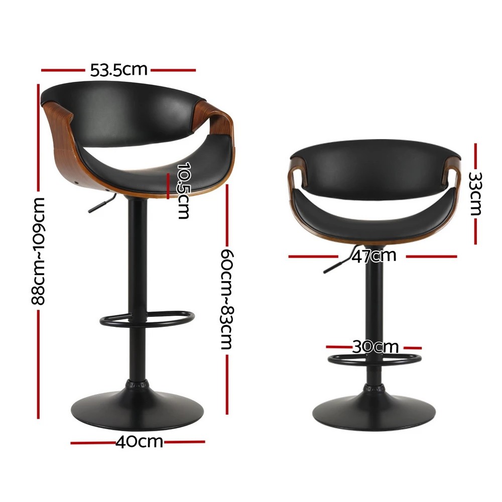 2 Artiss 4x Bar Stools Gas Lift Leather w/Armrest - Black, 2 of 5