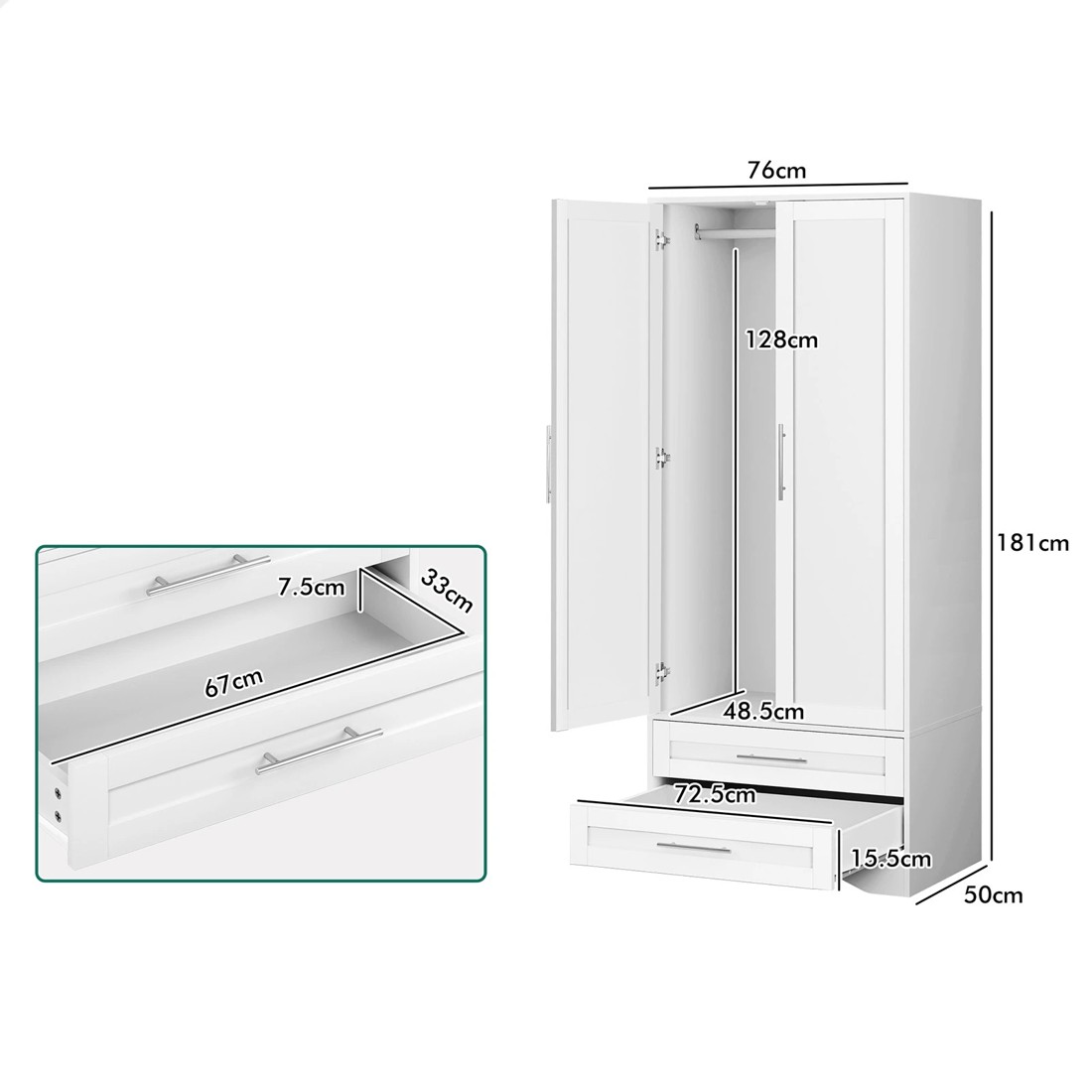 9 Alfordson Wardrobe Clothes Storage Cabinet Organizer Drawer Hanging Rod - White, 9 of 10