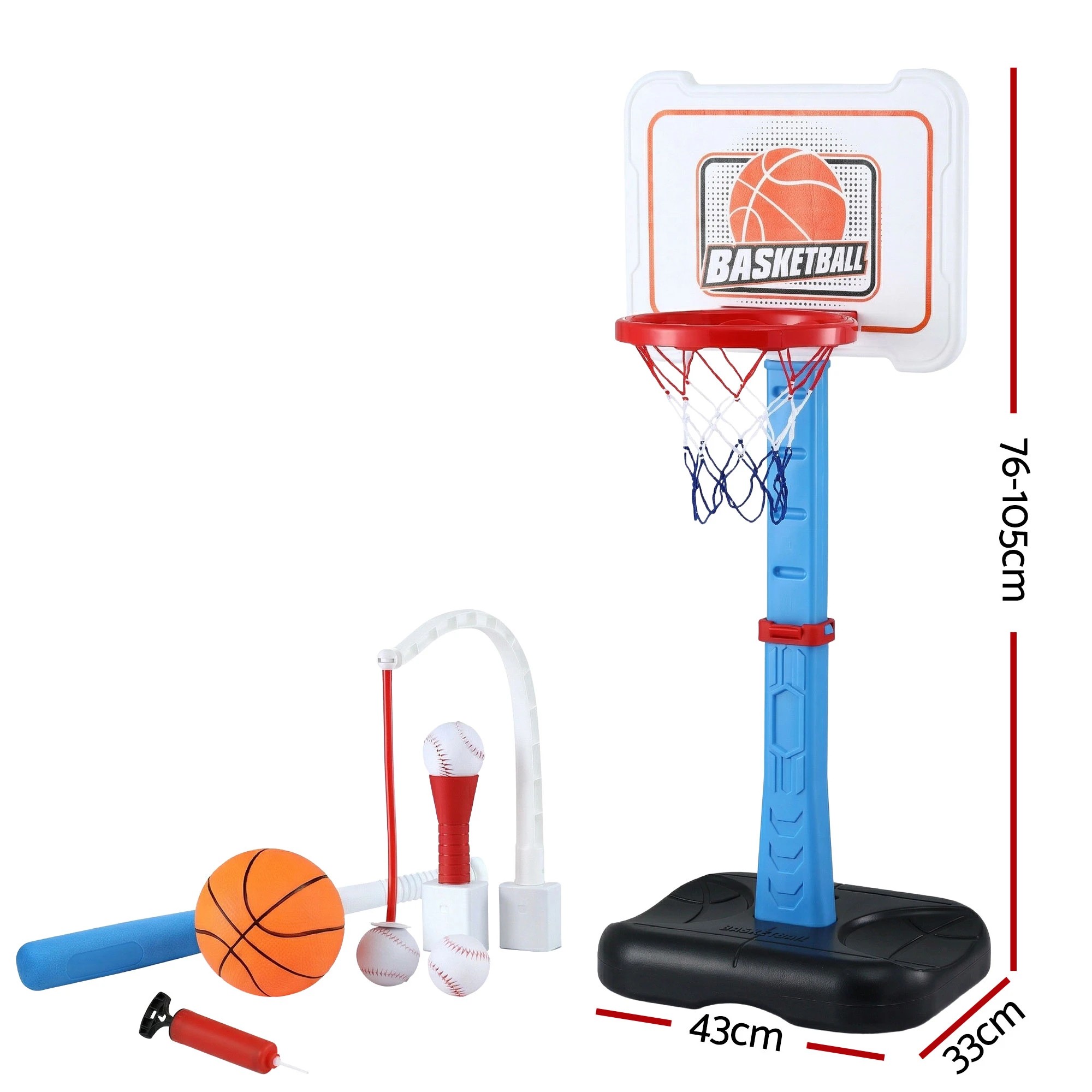 2 Keezi Kids Basketball Hoop Stand Baseball Set Adjustable Height Sports Center Toys - Blue, 2 of 8