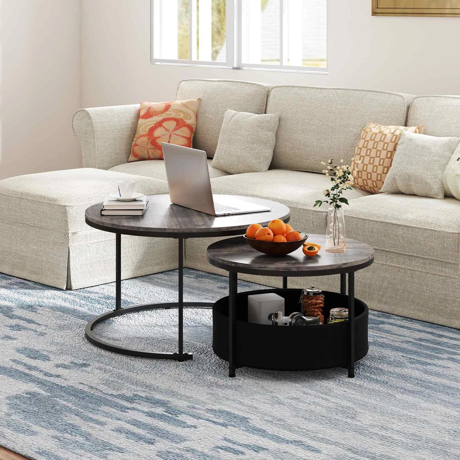 3 Costway 2 IN 1 Nesting Coffee Table Set of 2 w/Storage Round Sofa Side Table, 3 of 4