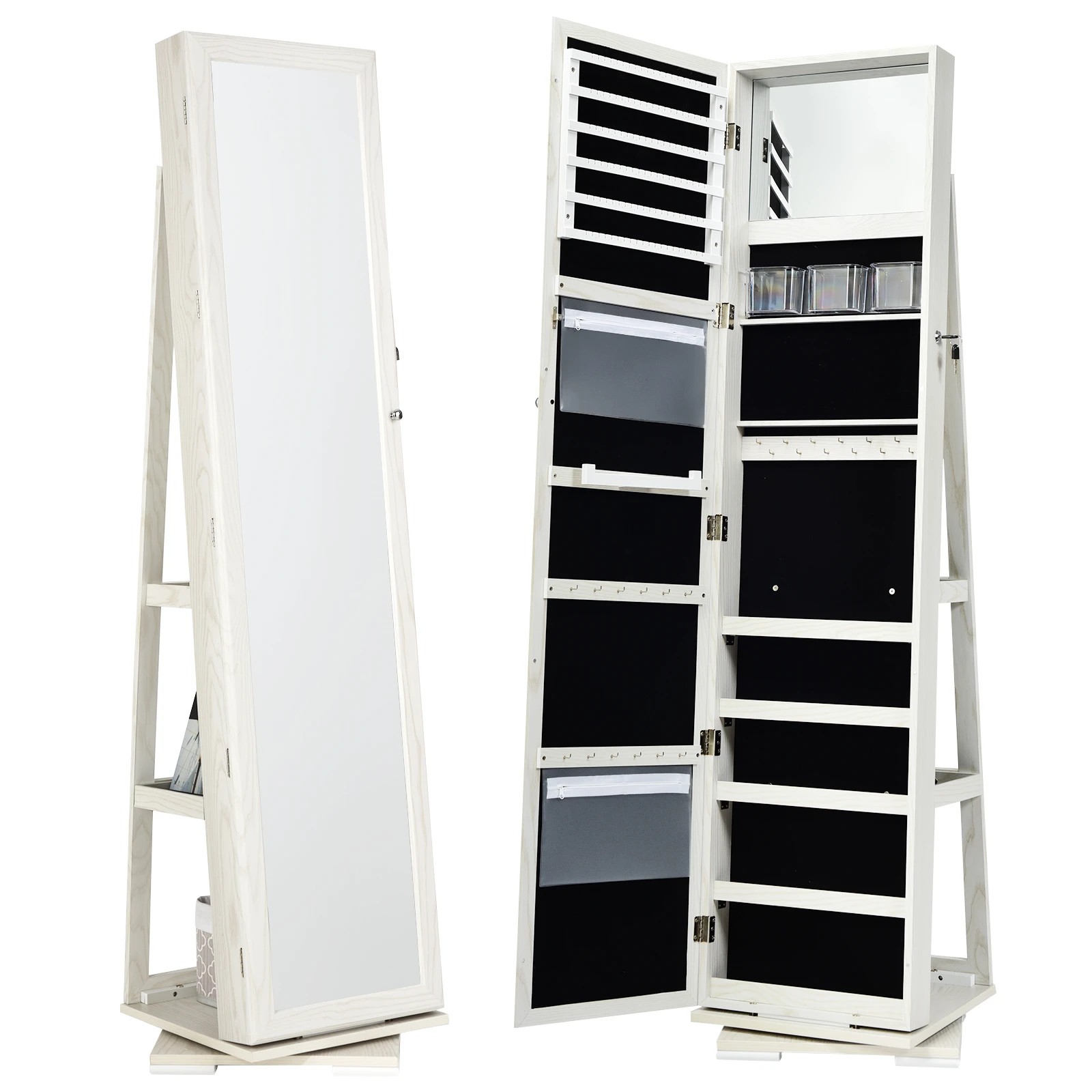 1 Costway Rotating Lockable Jewellery Cabinet Armoire w/Full-Length Mirror Jewelry Organizer - White, 1 of 5