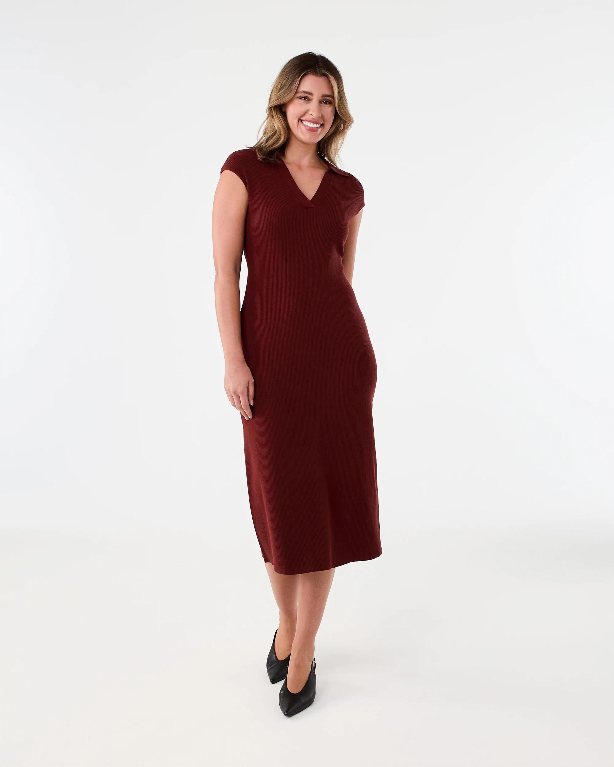 1 Short Sleeve True Knit Collared Midi Dress Burnt Rust, 1 of 6