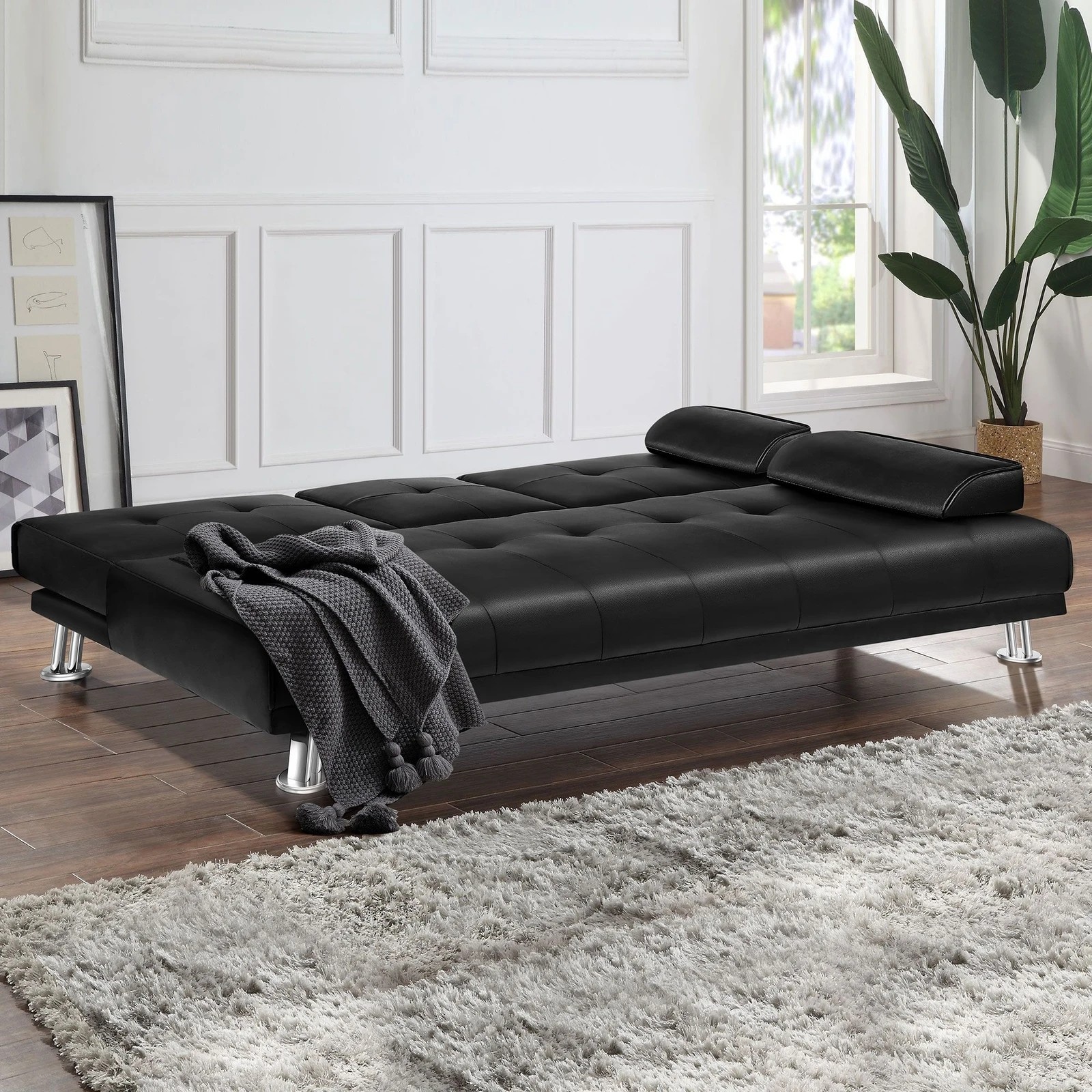 8 Alfordson Sofa Bed Lounge 3 Seater Futon Couch Cup Holder Leather - Black, 8 of 10