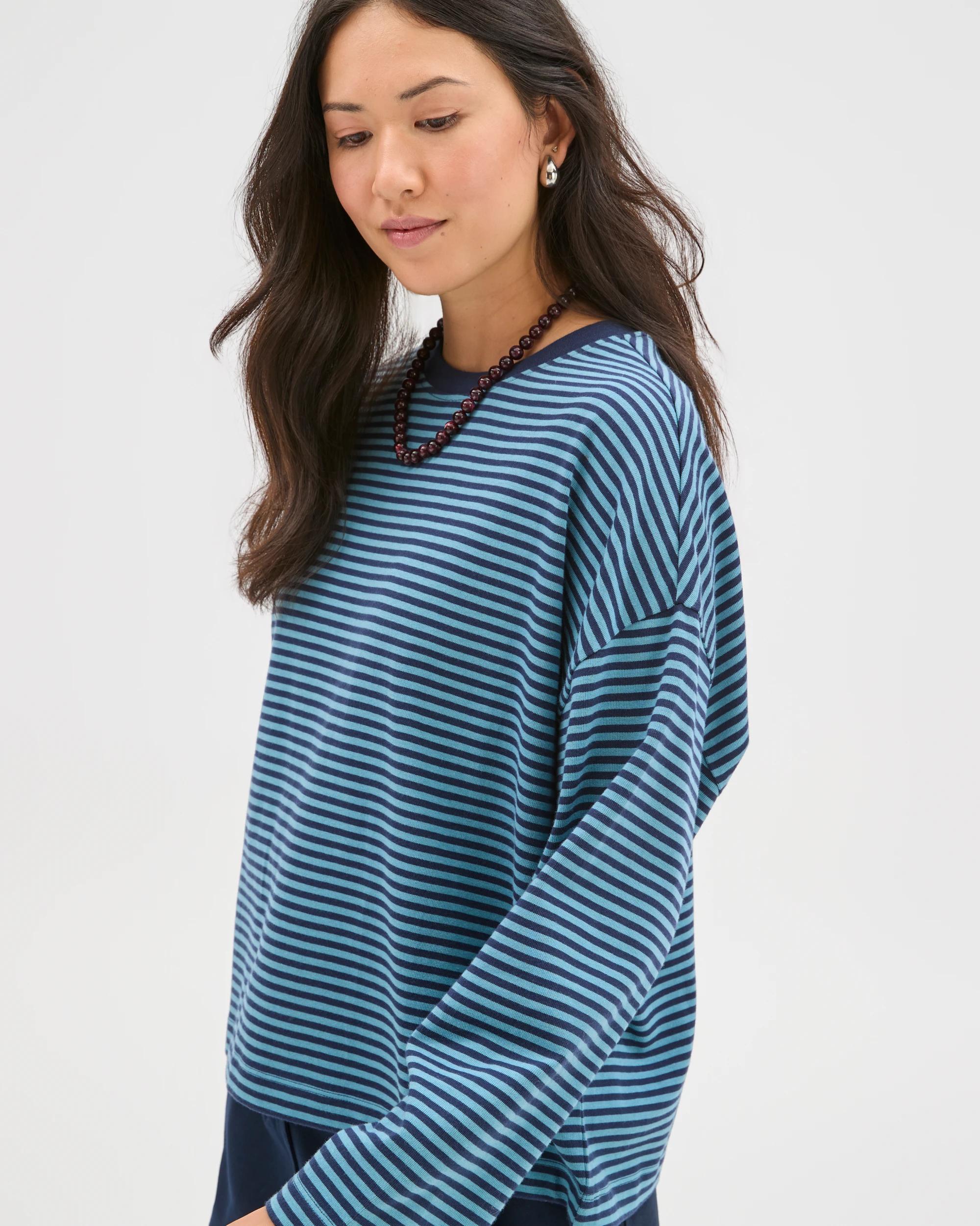 6 Target Woman Australian Cotton Long Sleeve Heavyweight Oversized T-Shirt INK NAVY/DUSTY BLUE STRIPE, 6 of 8