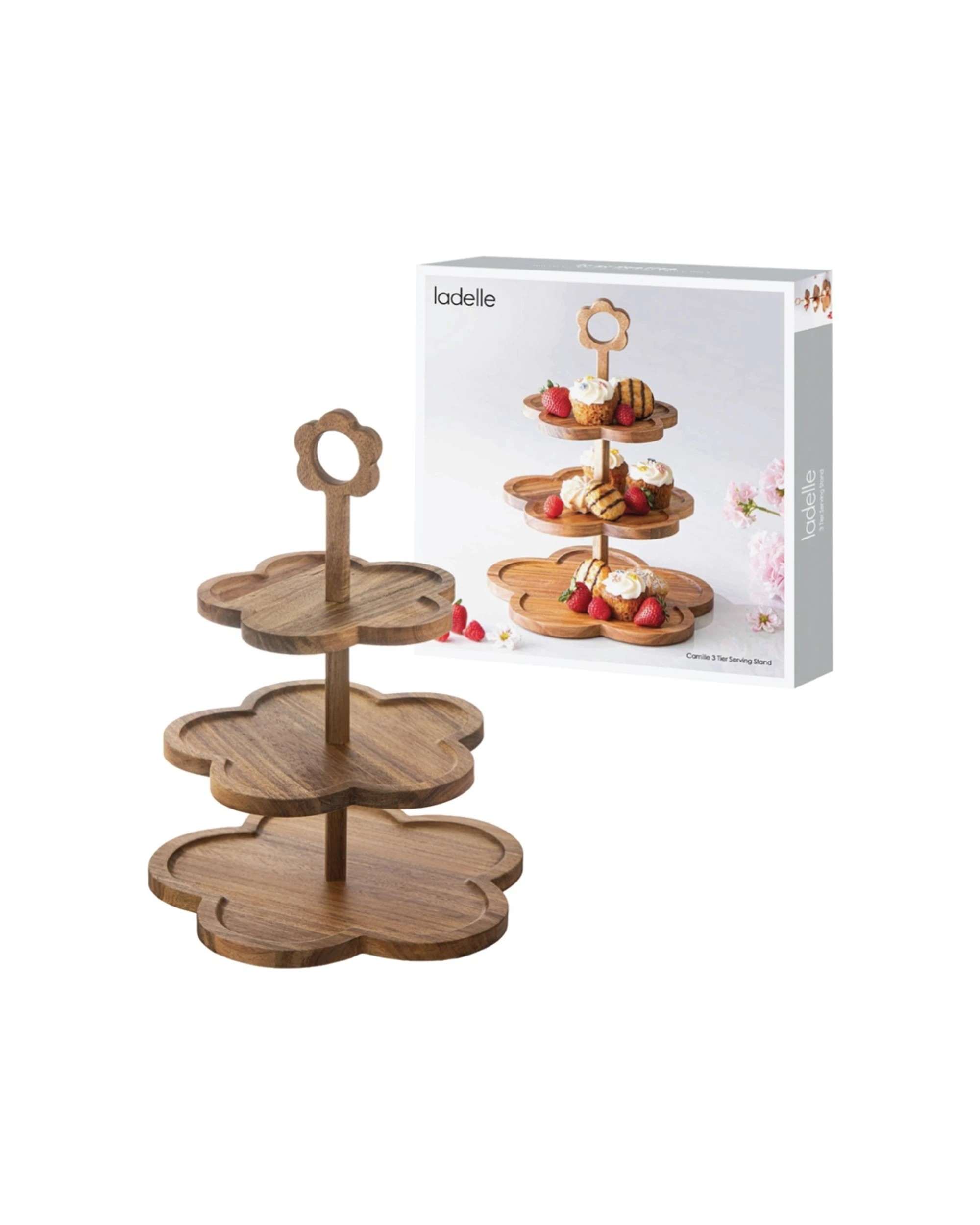 2 Ladelle Camille 3 Tier Serving Flower Shaped Stand With Wood Handle - Natural, 2 of 3