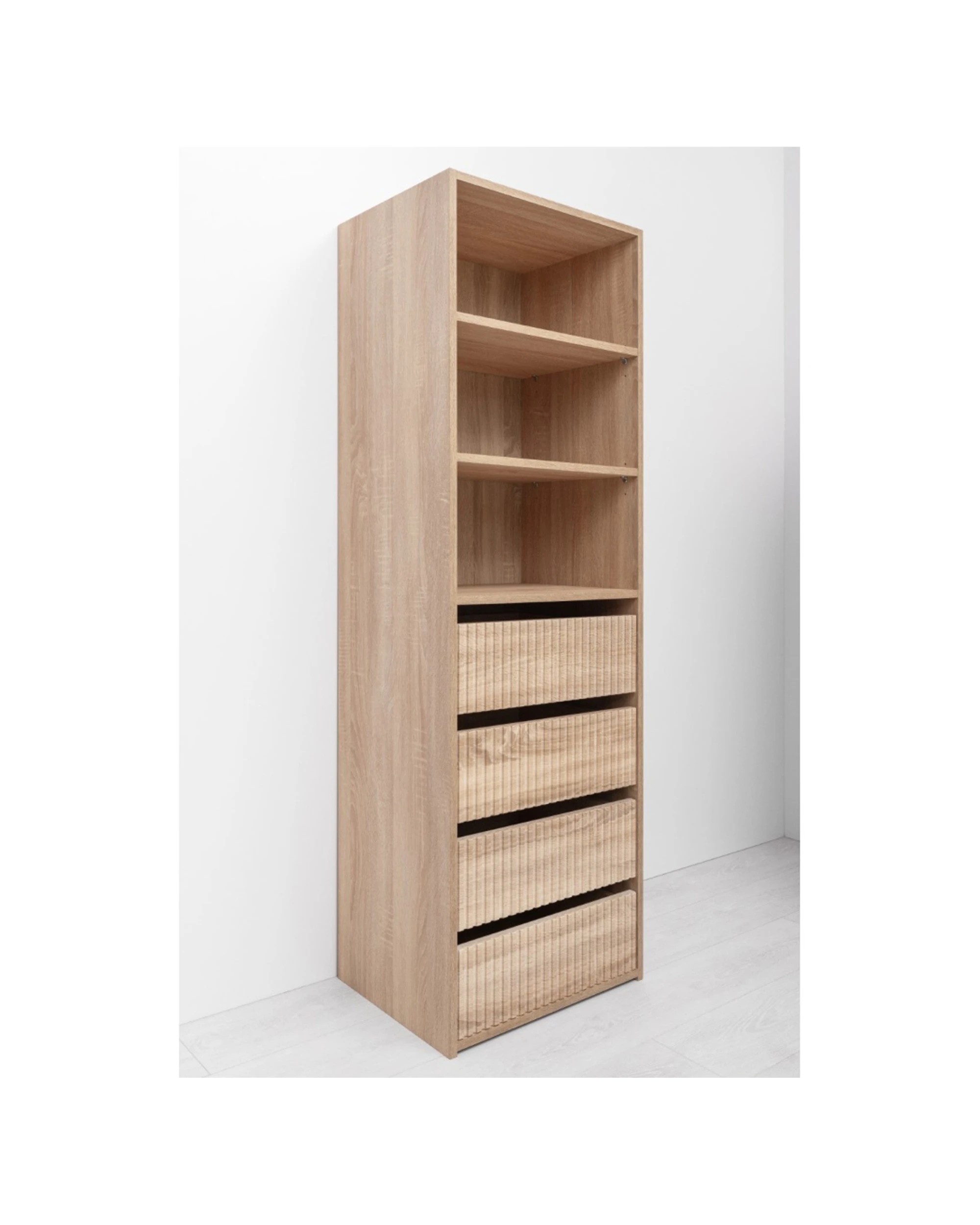 8 European Cabinetry Geneva Built In Wardrobe 4 Drawer 3 Shelf Module Fluted Oak - Natural, 8 of 8