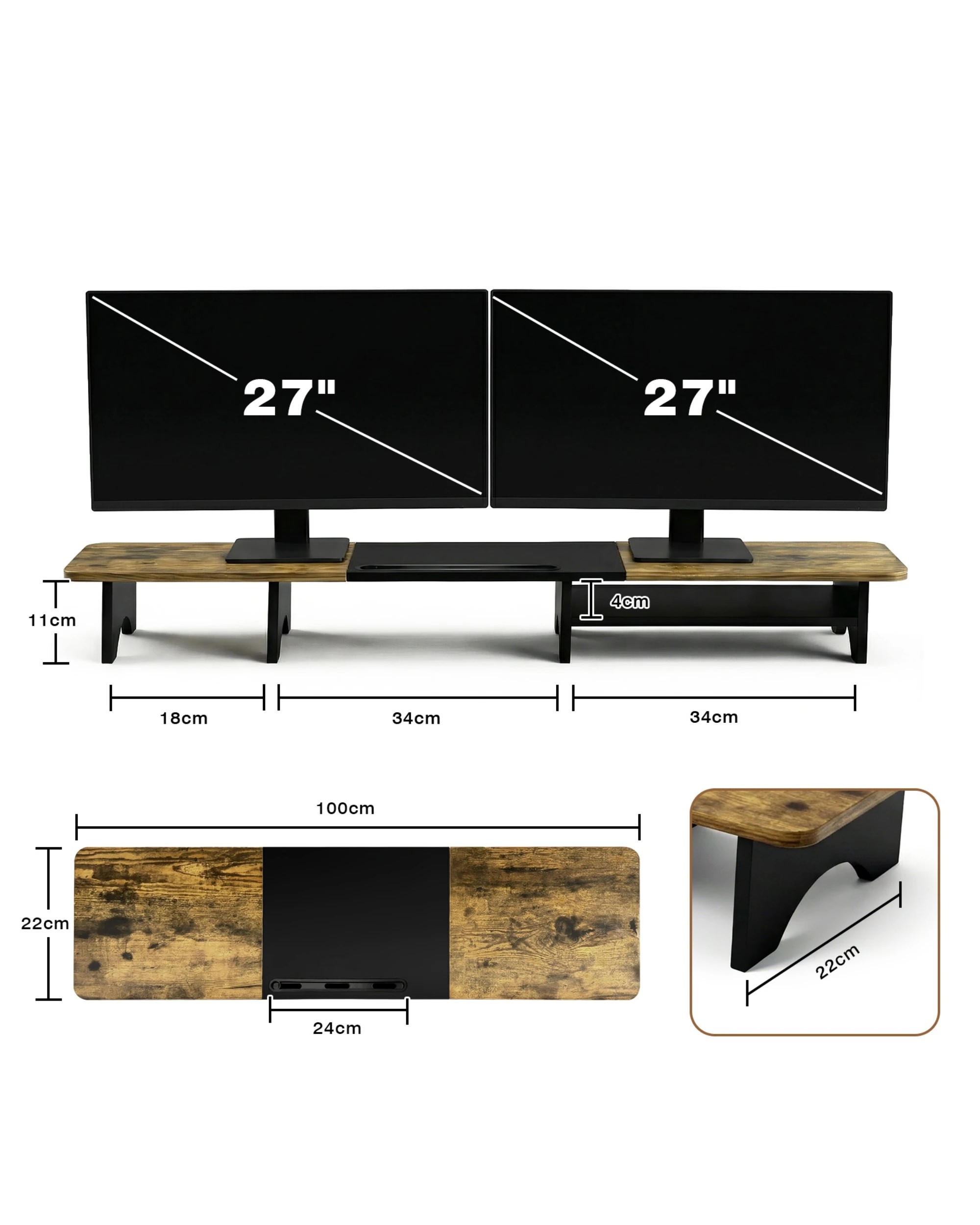 2 Advwin 100cm Dual Monitor Stand Riser Wood Desktop Organizer with Storage Space, 2 of 9