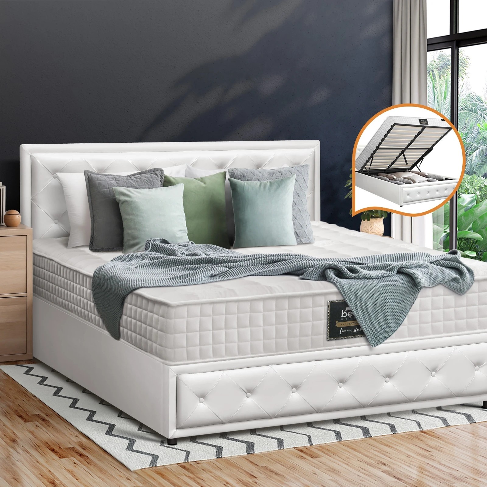 3 Oikiture Bed Frame Double Size Gas Lift Storage Beds With Mattress Set - White, 3 of 8