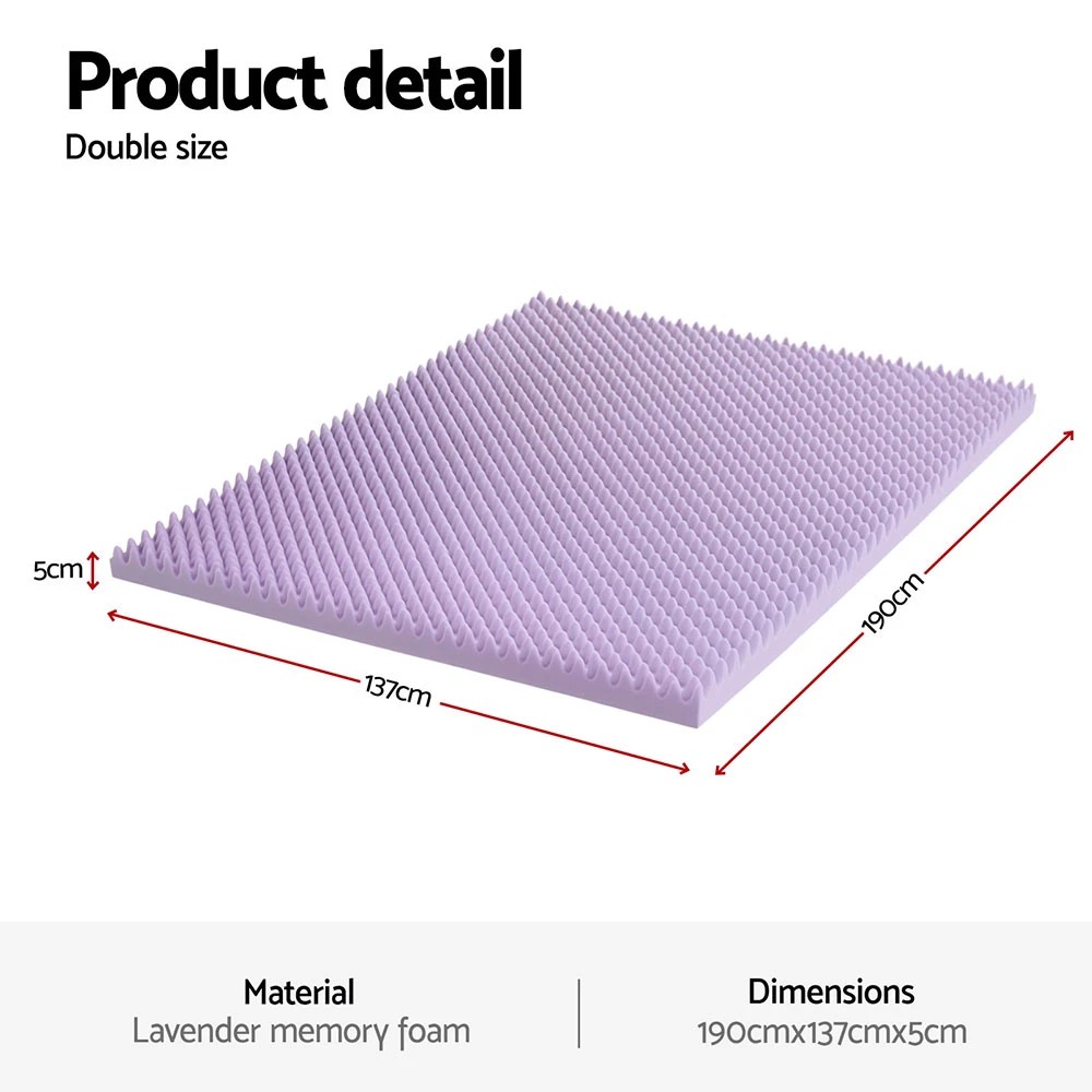 2 Giselle 5cm Memory Foam Mattress Topper Lavender Infused Egg Crate Pad Mat Double - Double Bed - Purple, 2 of 7
