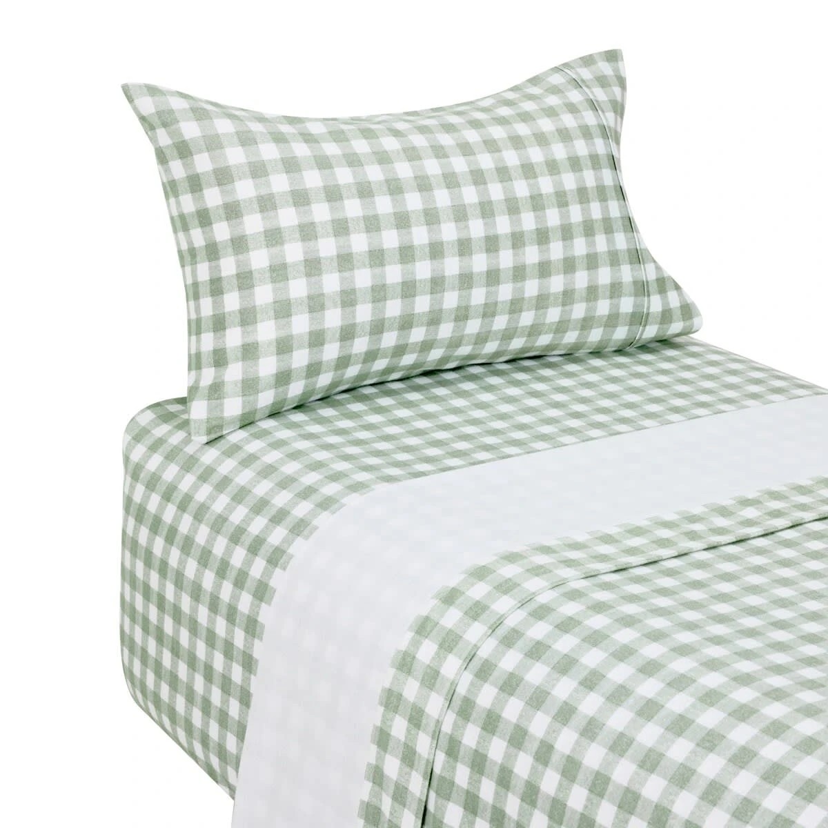 5 Gingham Cotton Flannelette Sheet Set - Single Bed, Green, 5 of 7
