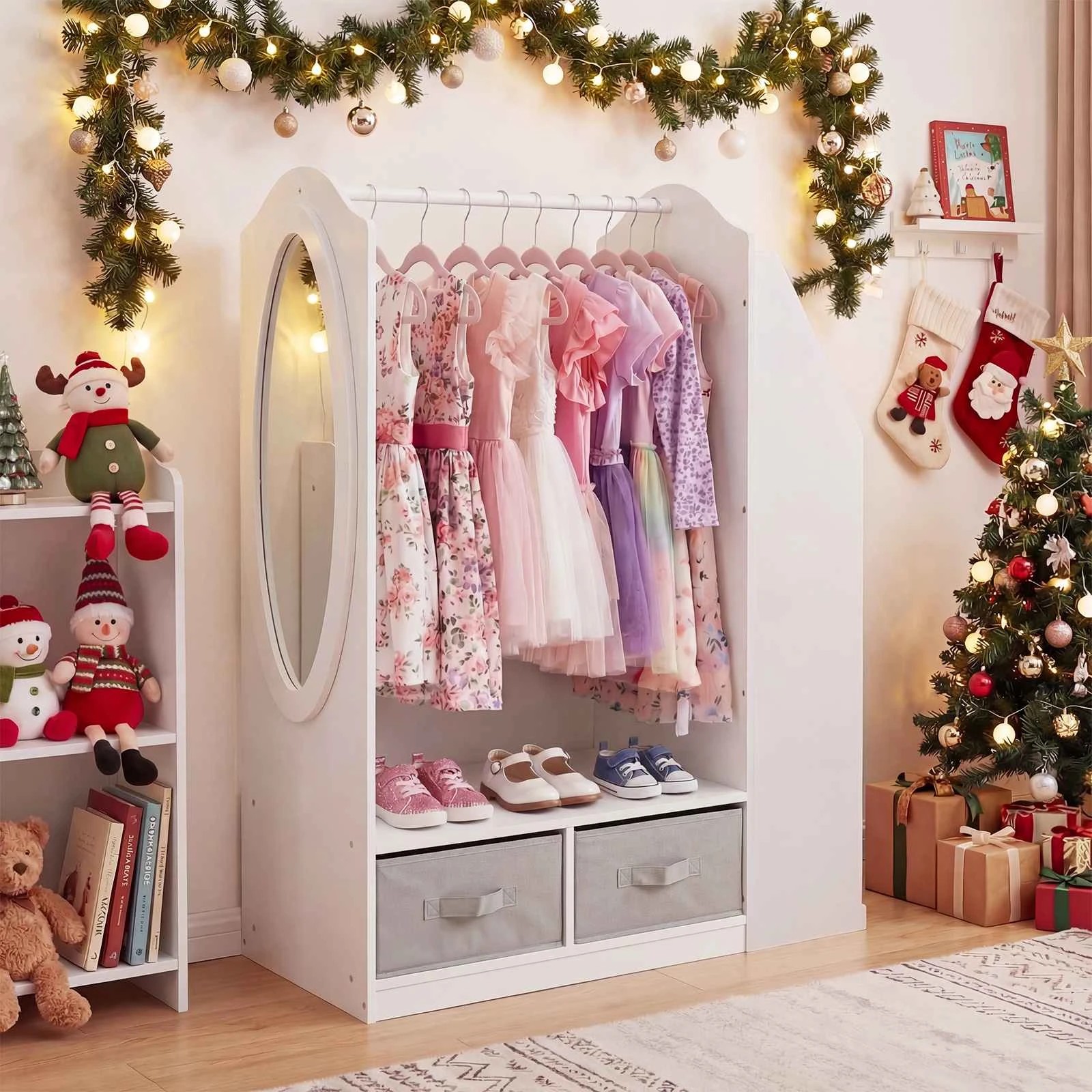3 Costway Kids Wardrobe Clothes Rack Mirror Dress Up Storage Cabinet Armoire - White, 3 of 3