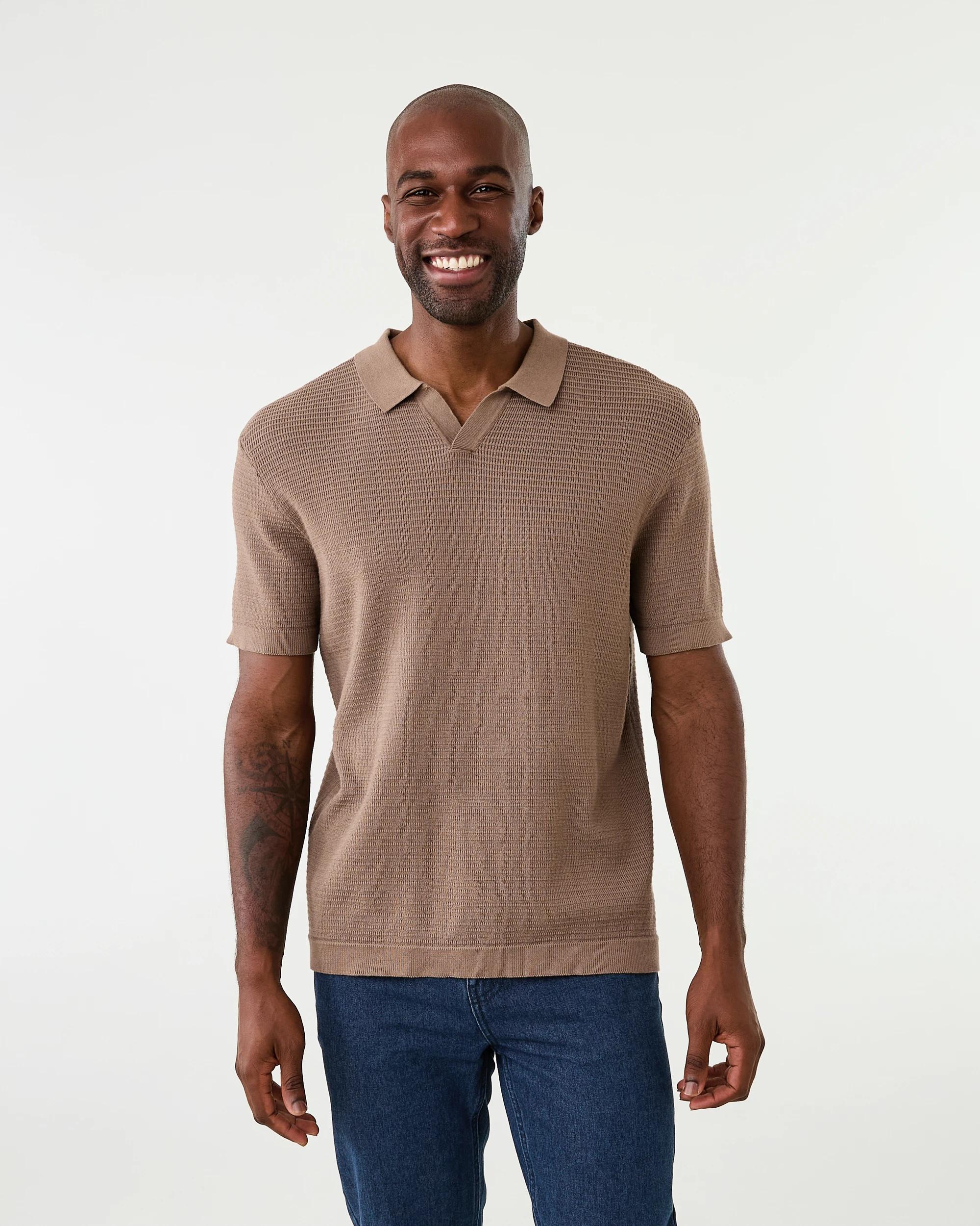 1 True Knit Textured Polo Shirt Brn Toffee, 1 of 6
