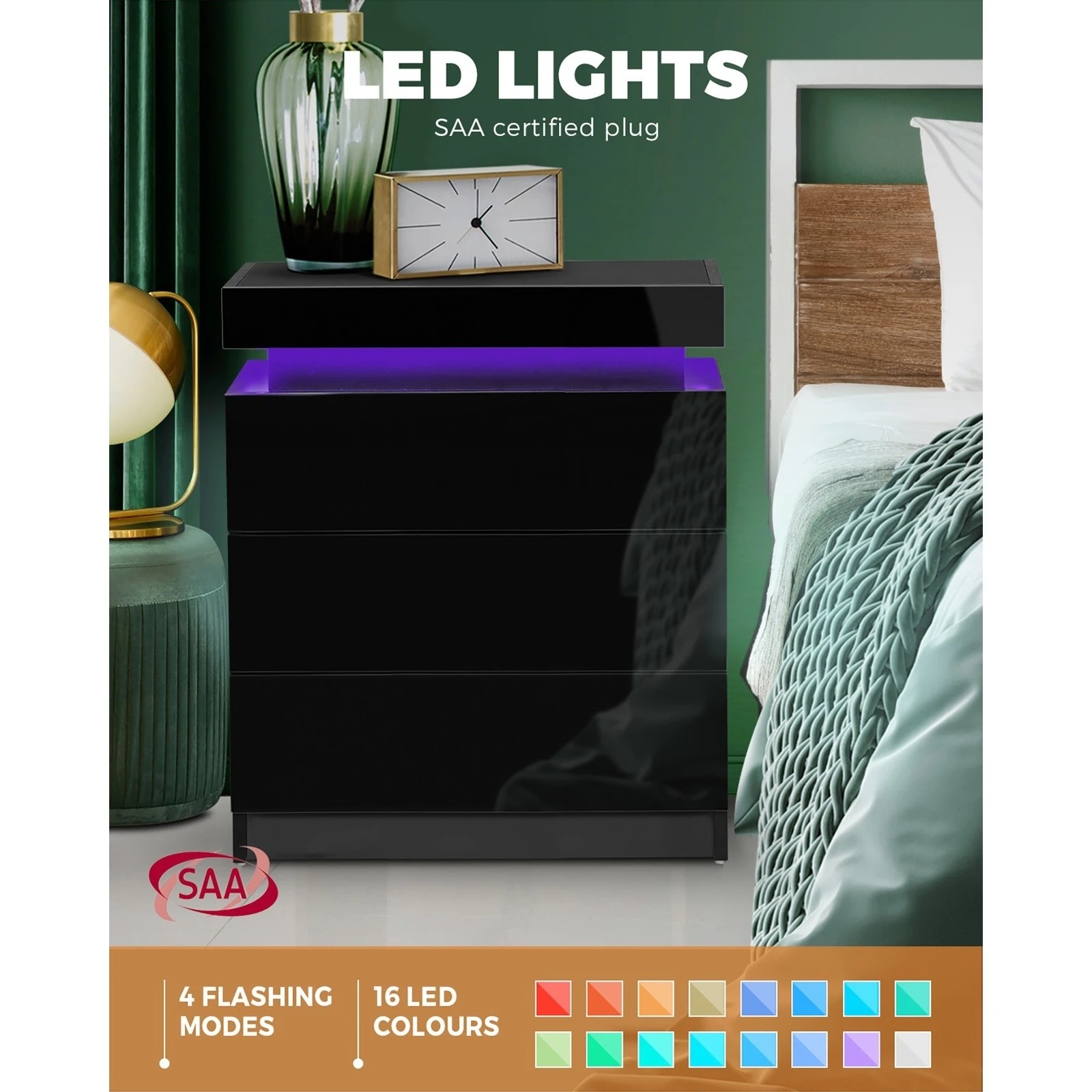 4 Oikiture Bedside Table Rgb Led 3 Drawers Nightstand Cabinet
 - Black, 4 of 9