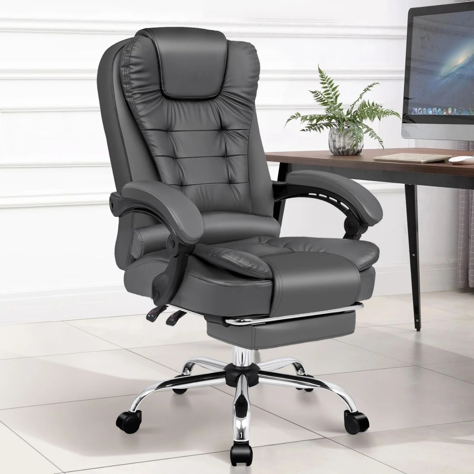 6 Alfordson Office Chair Gaming Executive Computer Racer Footrest PU Leather Seat - Grey, 6 of 10