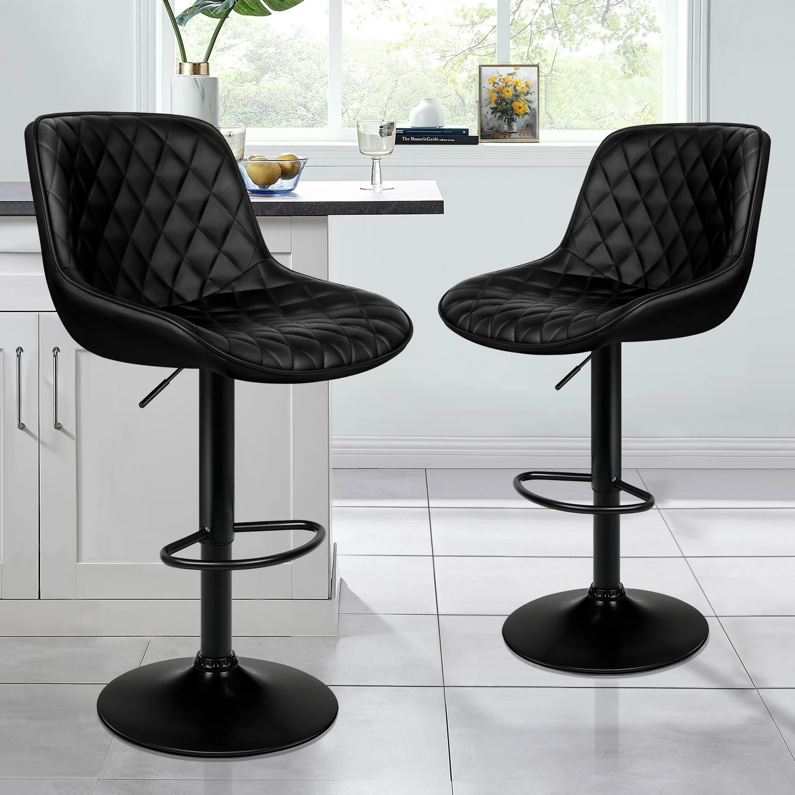 2 Alfordson 2x Bar Stools Gas Lift Leather Bar Chairs Kitchen Swivel - All Black, 2 of 6