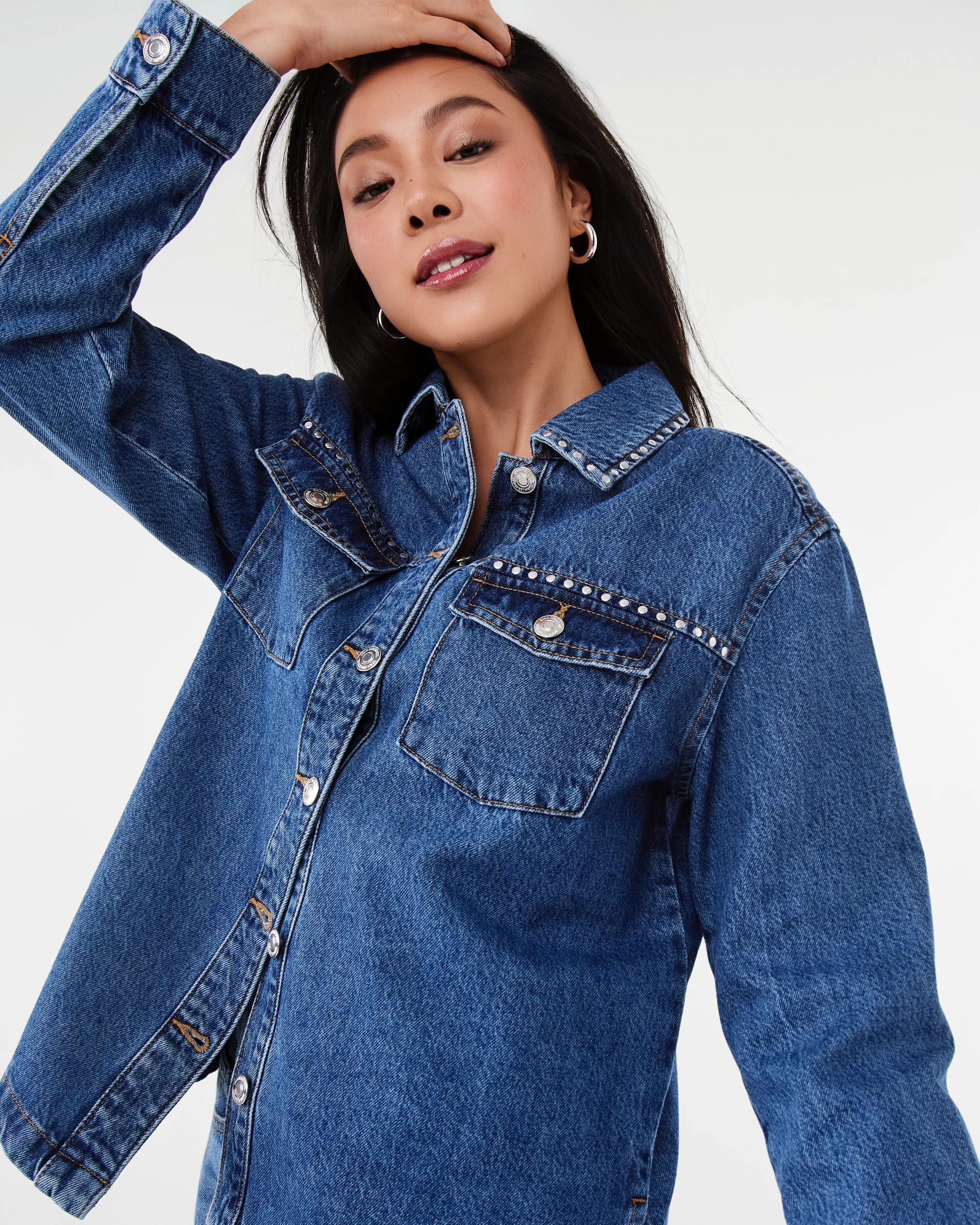 5 Long Sleeve Studded Denim Shirt Mid Wash, 5 of 9