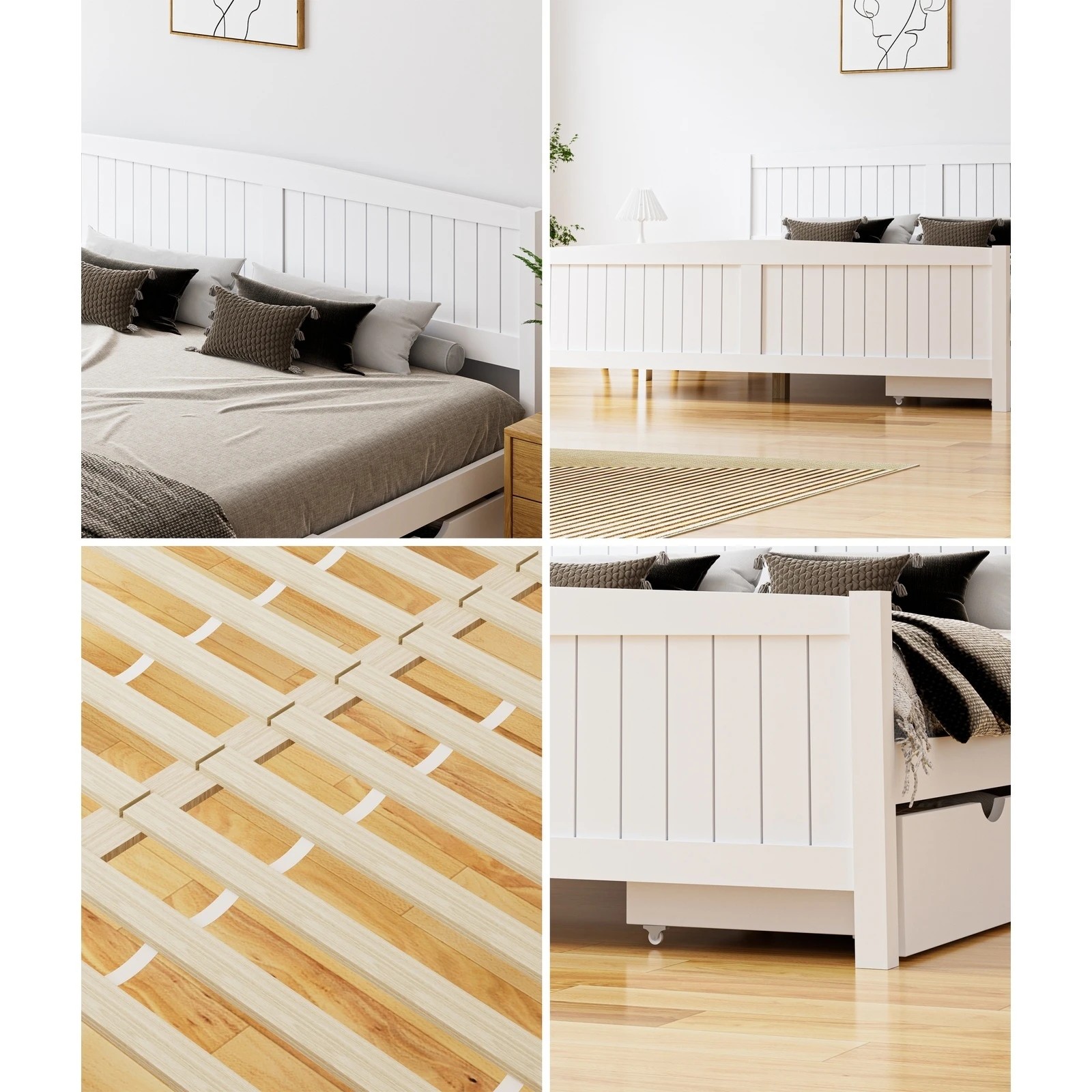 3 Oikiture Wooden Bed Frame King Size Base With Trundle Storage Drawers
 - White, 3 of 8