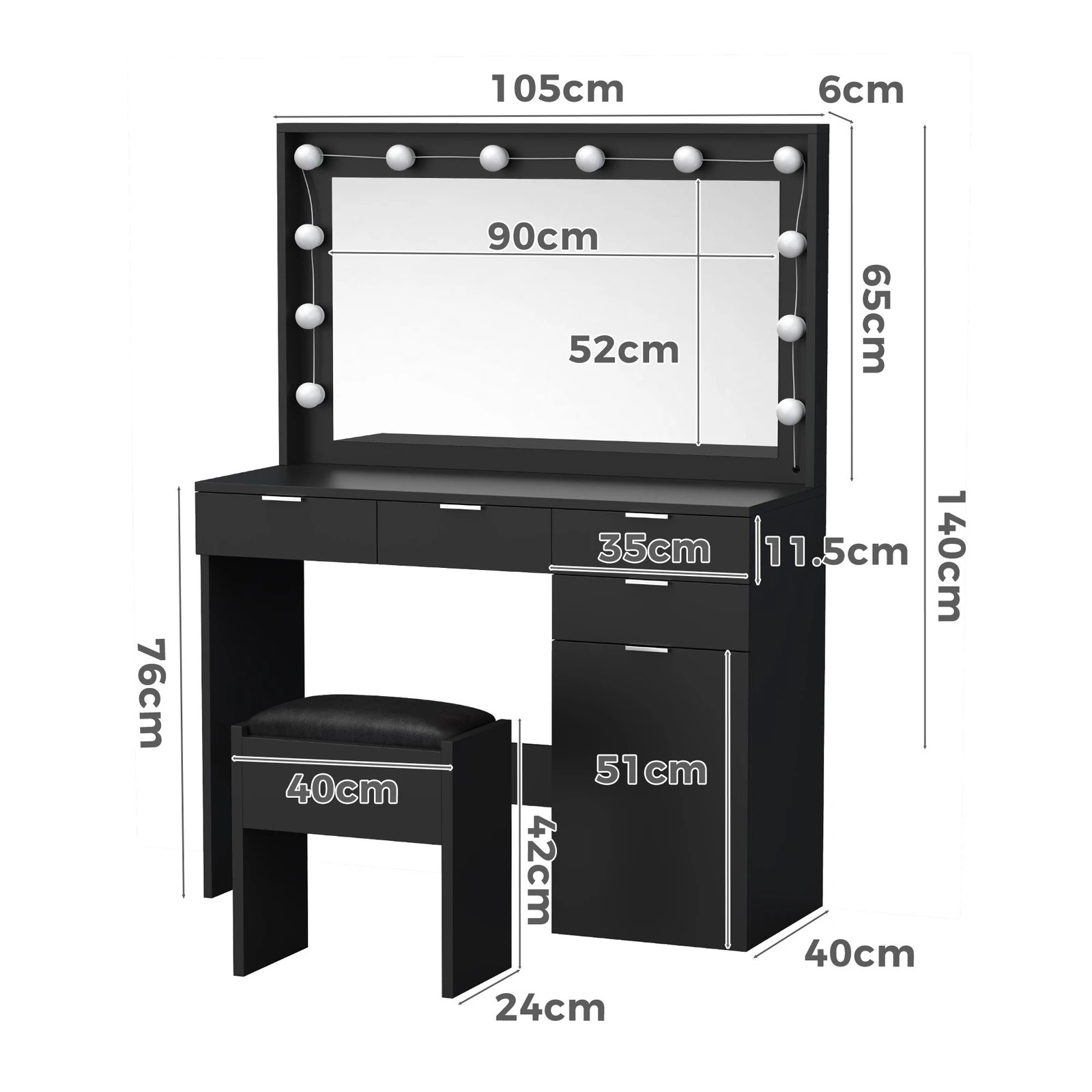 9 Alfordson Dressing Table Stool Set Makeup Mirror Desk 12 LED Bulbs - Black, 9 of 10