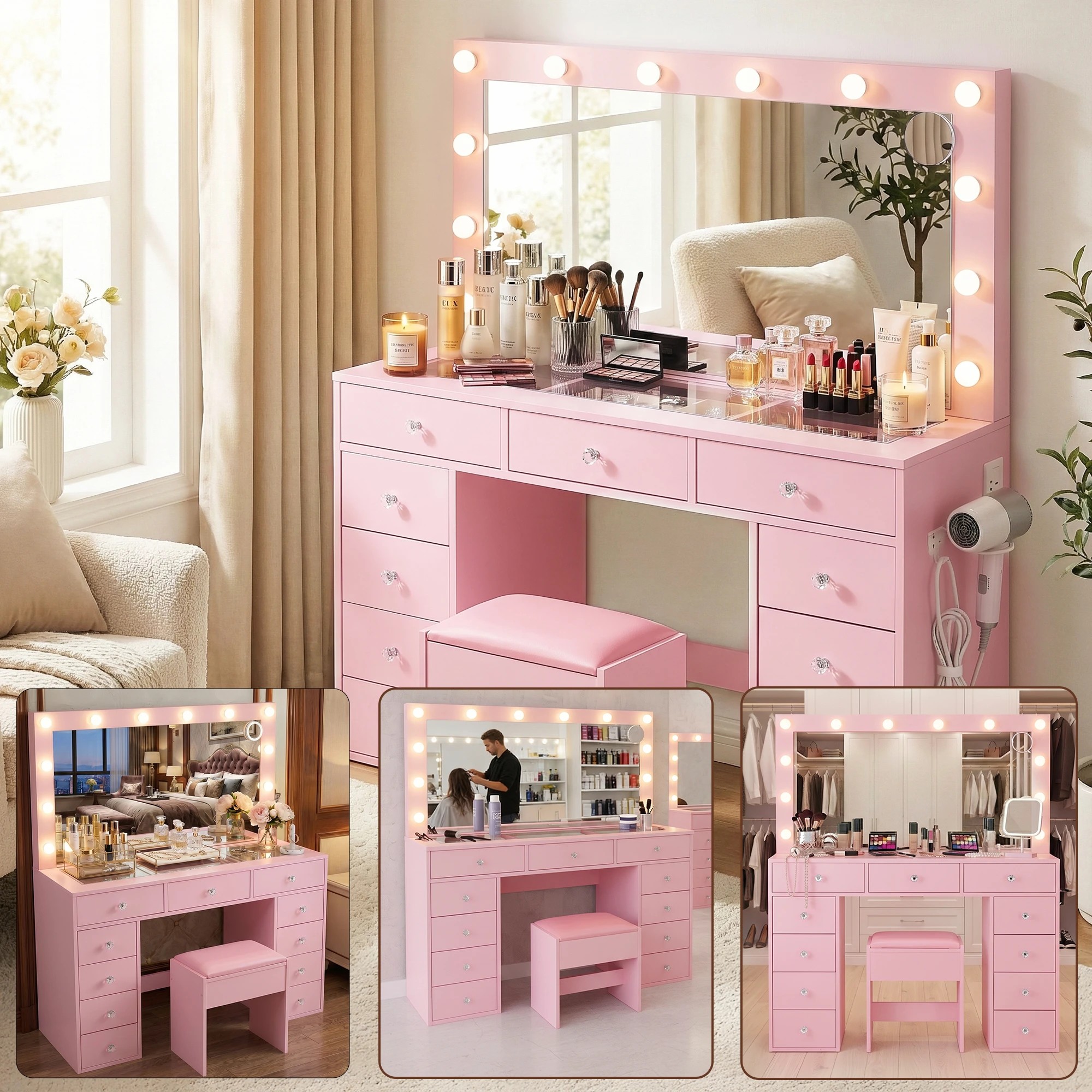 8 Artiss Dressing Table Charging Station LED Vanity Desk Set Stool Glass Top Make up Mirror Storage Drawer - Pink, 8 of 9