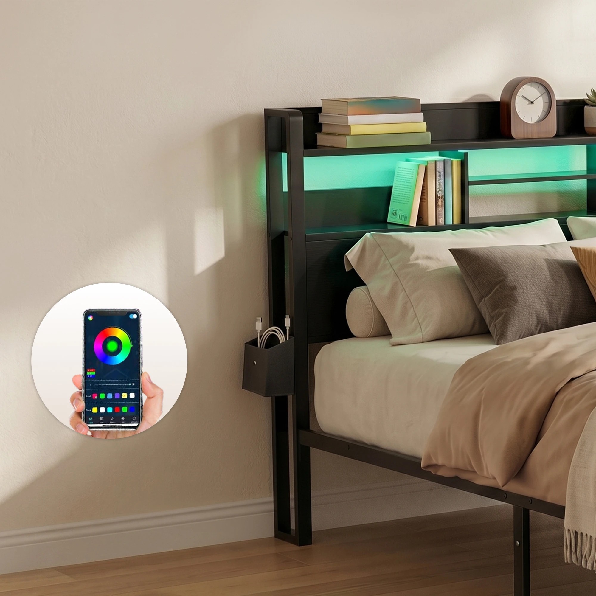 5 Artiss Bed Frame Queen with Charging Station Storage Organizer Drawers LED ZAC - Black, 5 of 8