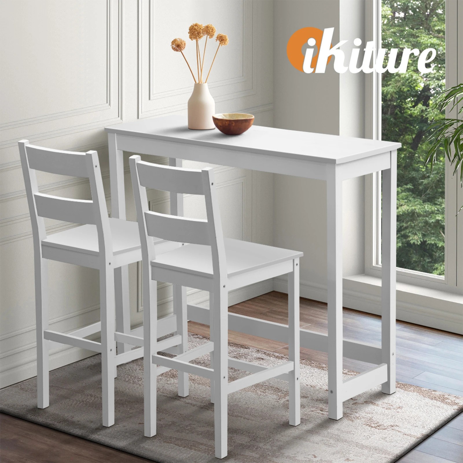 5 Oikiture 3pcs Bar Table Set 2 Stools Chairs Kitchen Dining Cafe Tables
 - White, 5 of 10