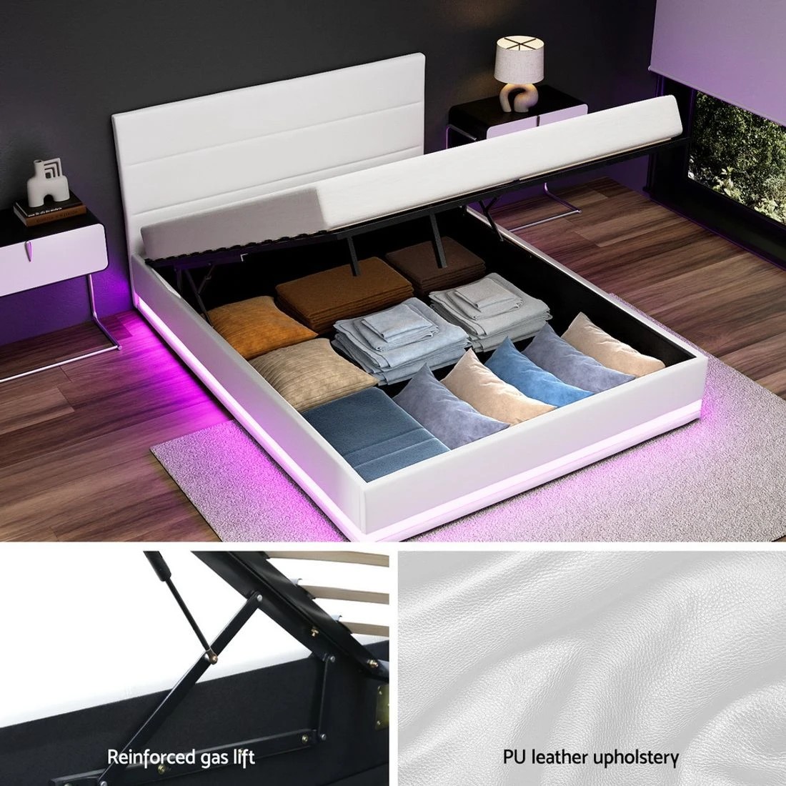 5 Artiss Bed Frame Queen Size Led Gas Lift
 - White, 5 of 7