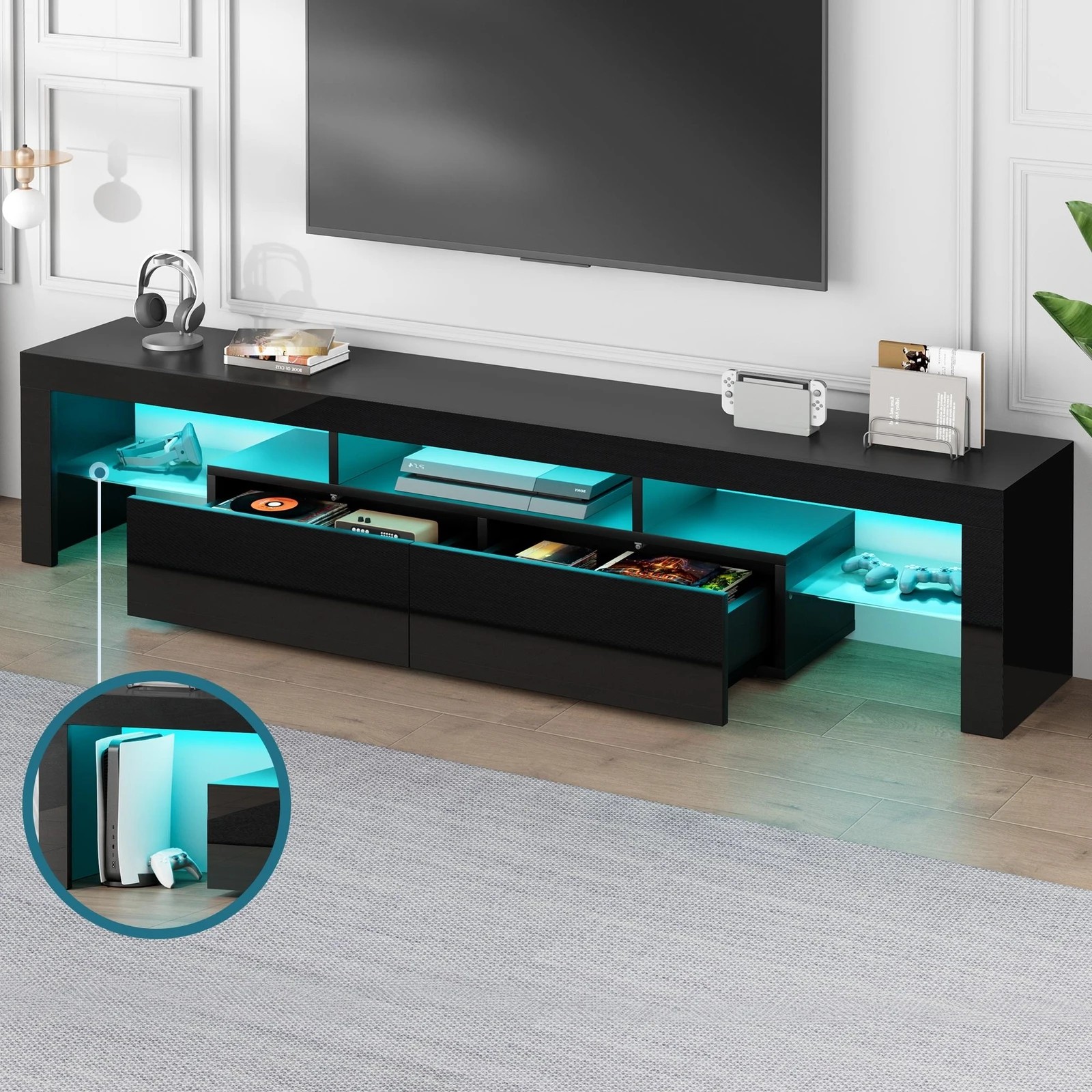 6 Alfordson Entertainment Unit 180cm TV Stand LED Light Storage Gloss - Black, 6 of 10