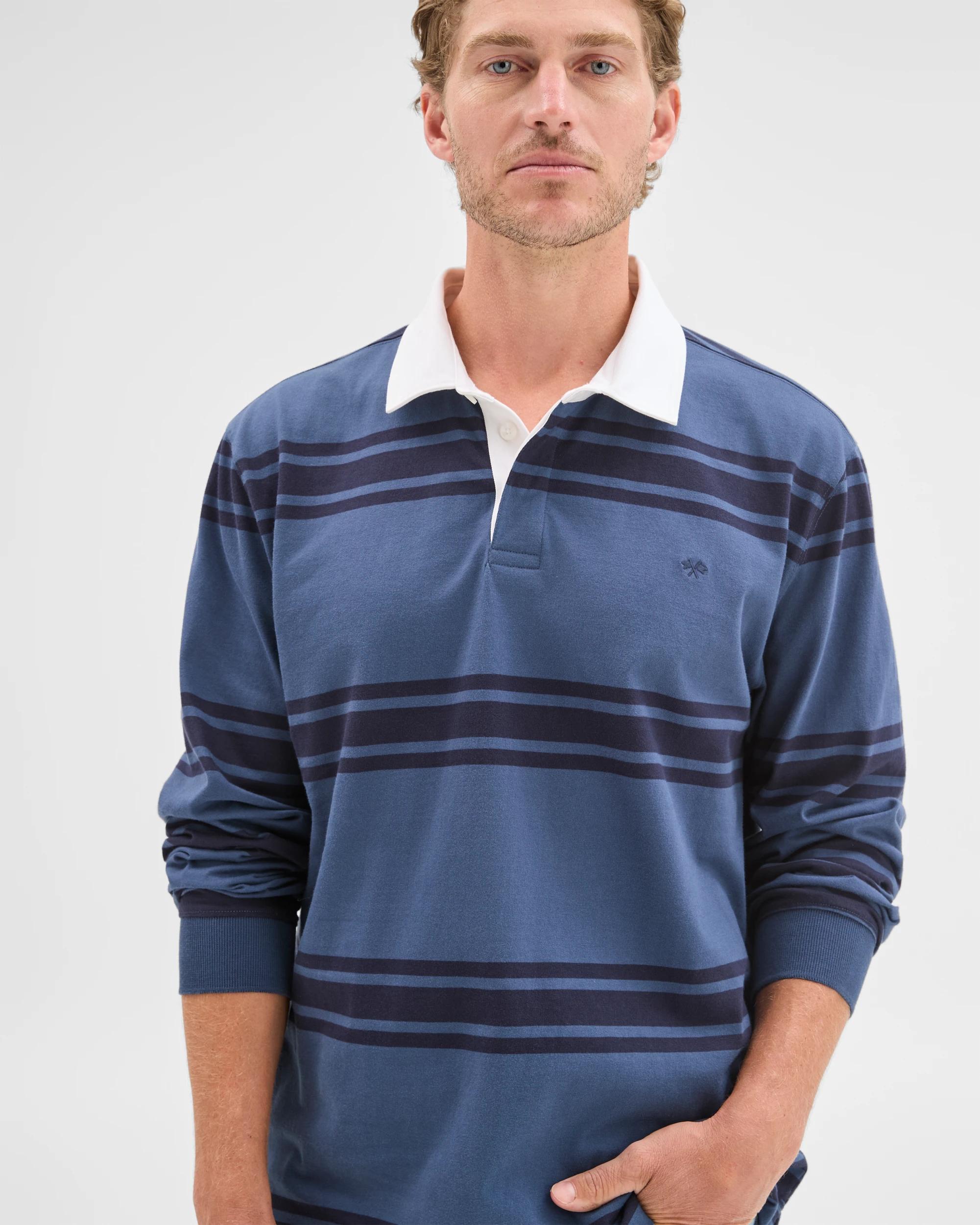 4 Target Man Australian Cotton Long Sleeve Rugby Polo Top DENIM STRIPE, 4 of 7