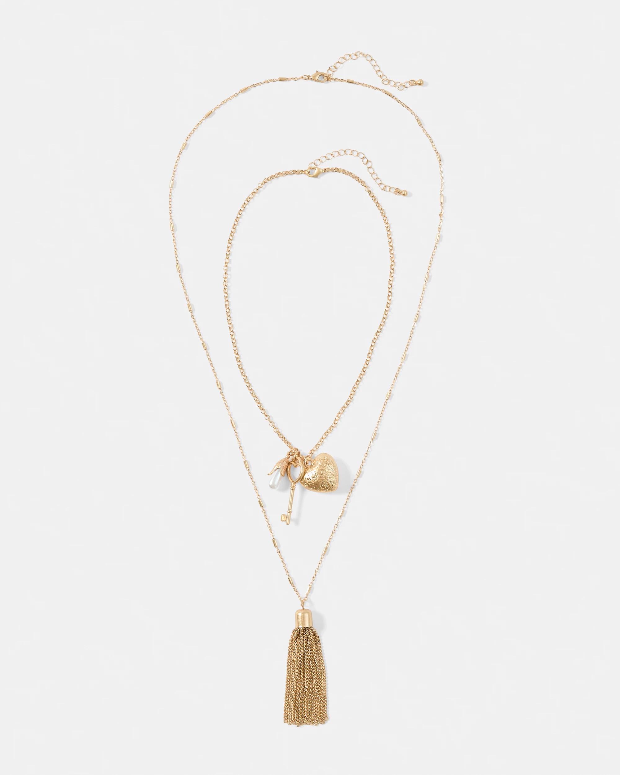 1 2 Pack Heart Tassel Necklace - Gold Tone Gold, 1 of 6