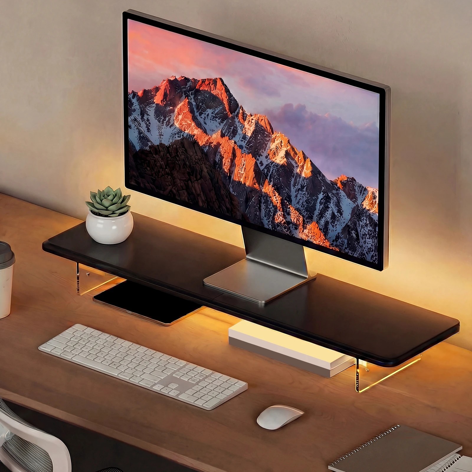 2 Advwin 80cm LED Monitor Stand w/ Acrylic Leg Adjustable Height - Brown, 2 of 7
