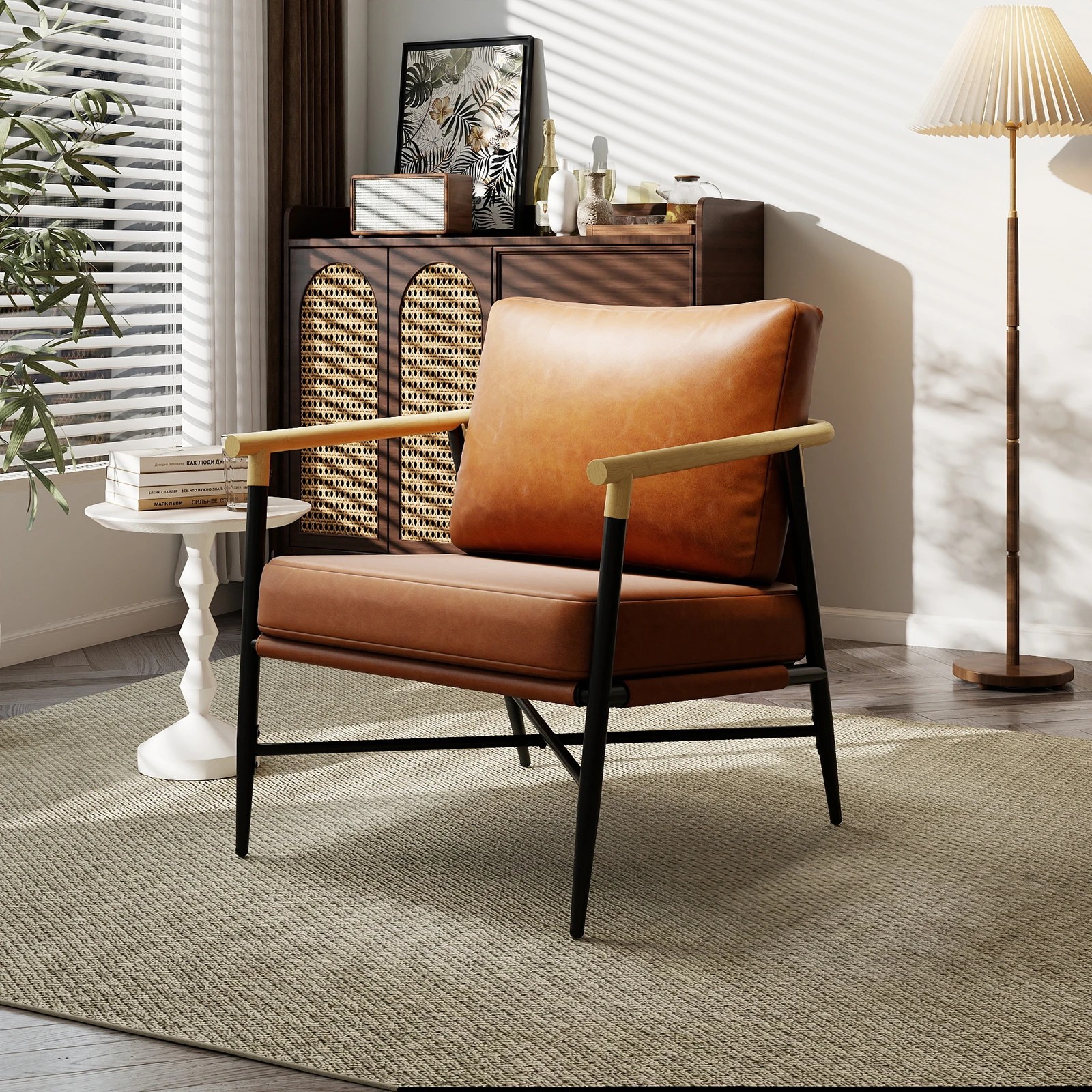 2 Costway Accent Chair PU Leather Armchair Modern Upholstered Reading Chair Makeup Seat - Brown, 2 of 5