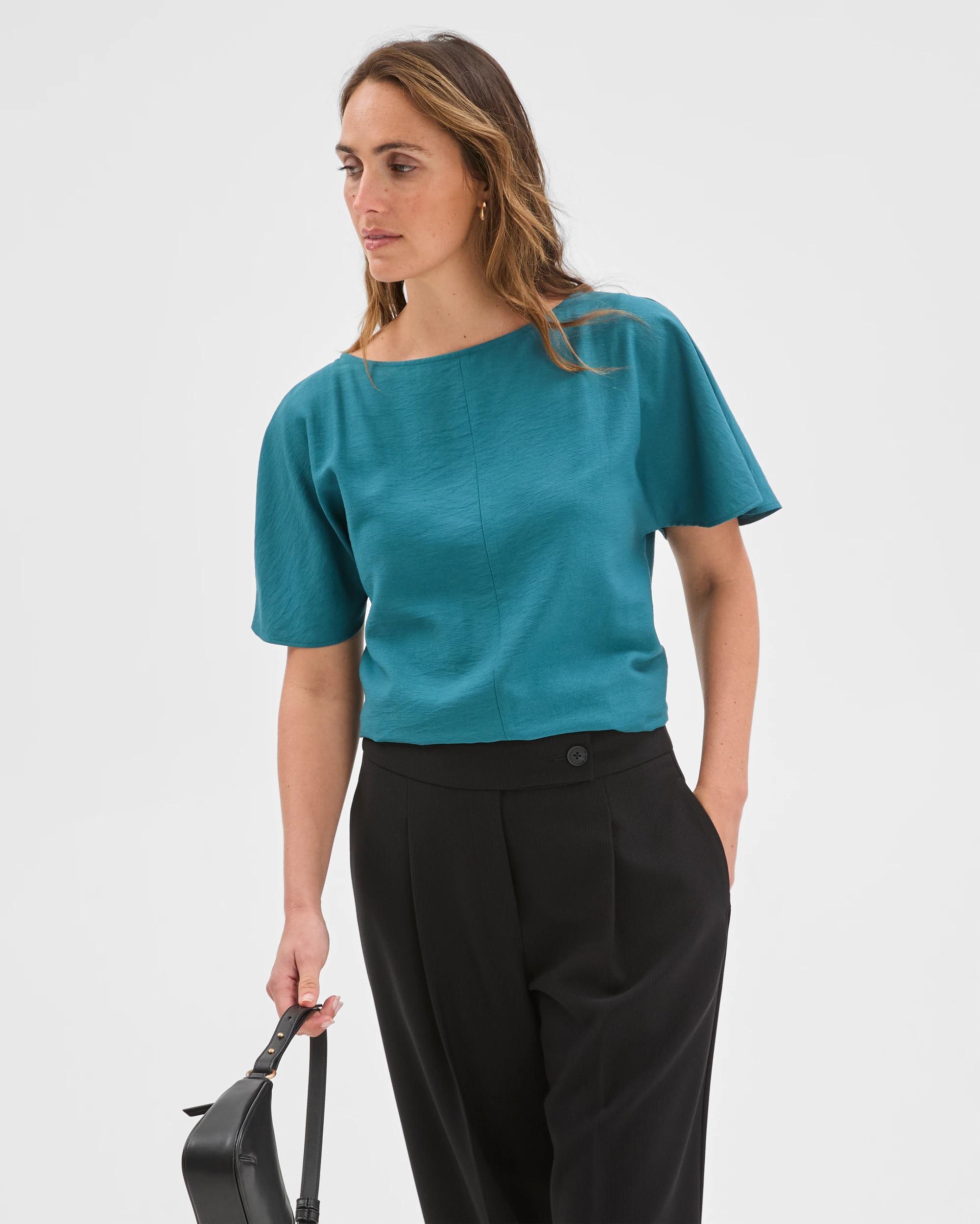 3 Preview Short Flutter Sleeve Textured Blouse PEACOCK, 3 of 7